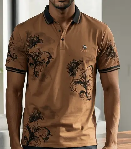 Stylish Brown Floral Polo Shirt view 3