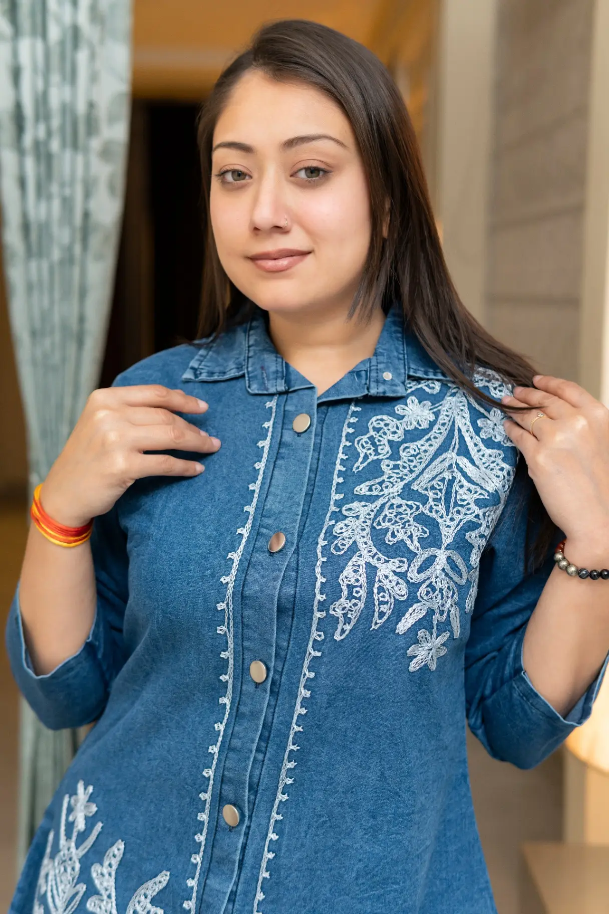 White Embroidery Denim Cord-Set view 2