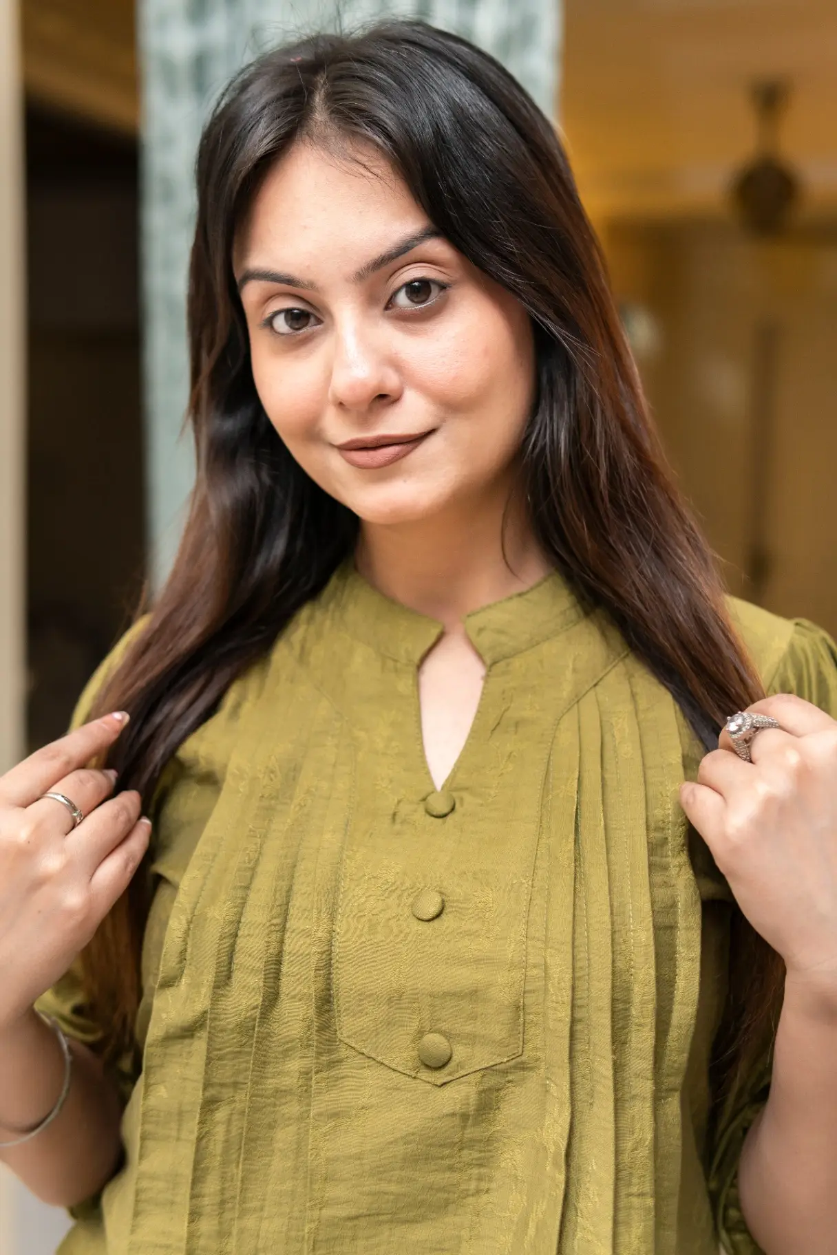 Pleated Olive Top view 2