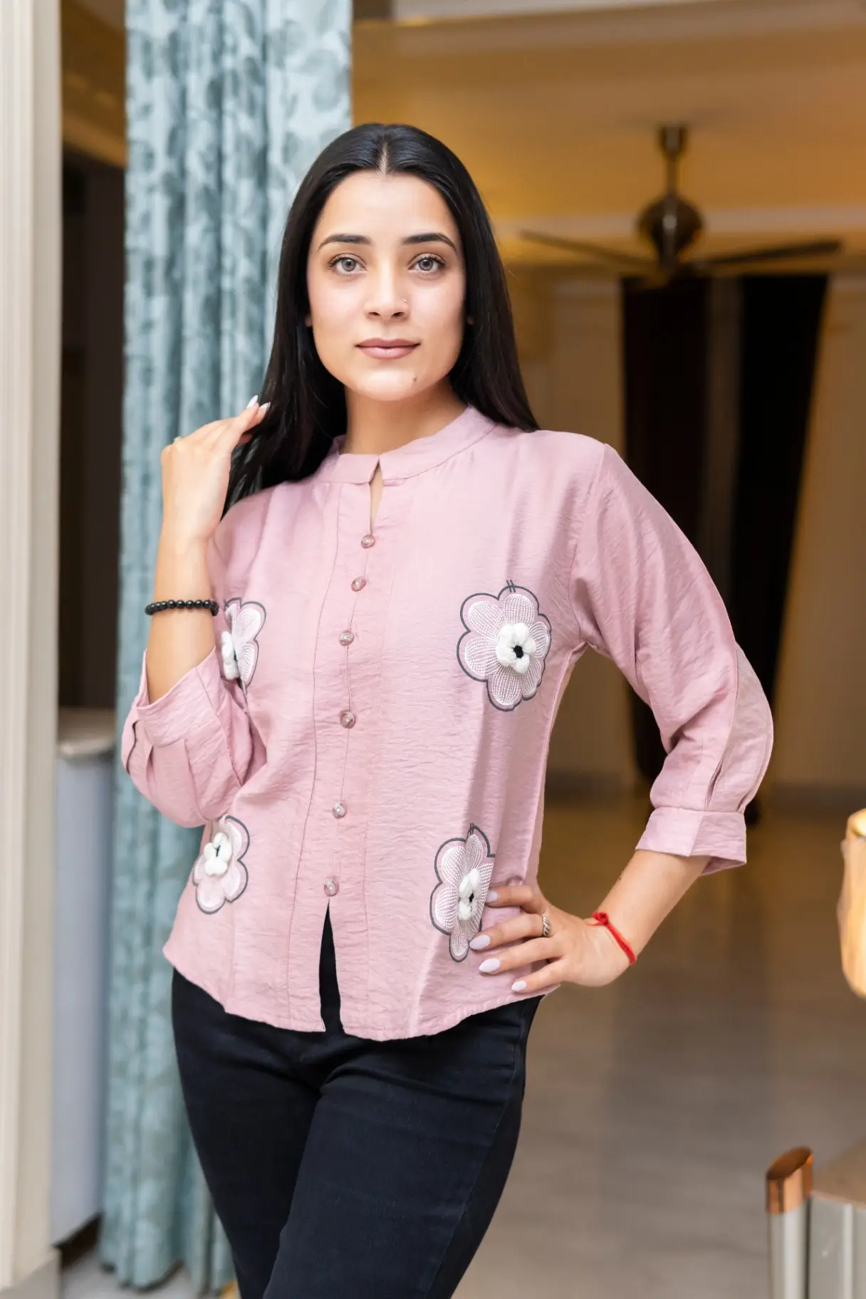 Elegant Floral Embroidered Pink Casual Top