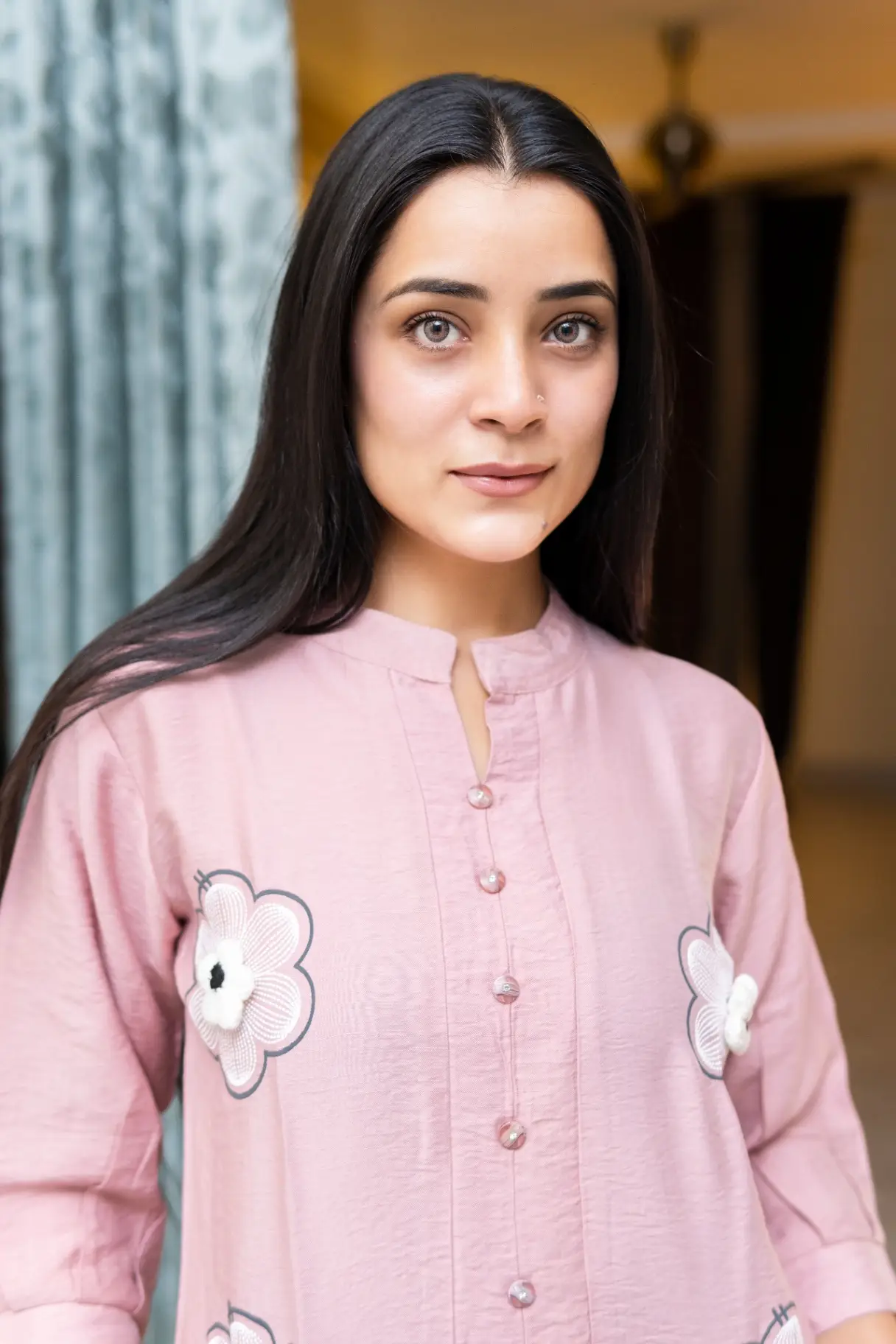 Elegant Floral Embroidered Pink Casual Top view 2