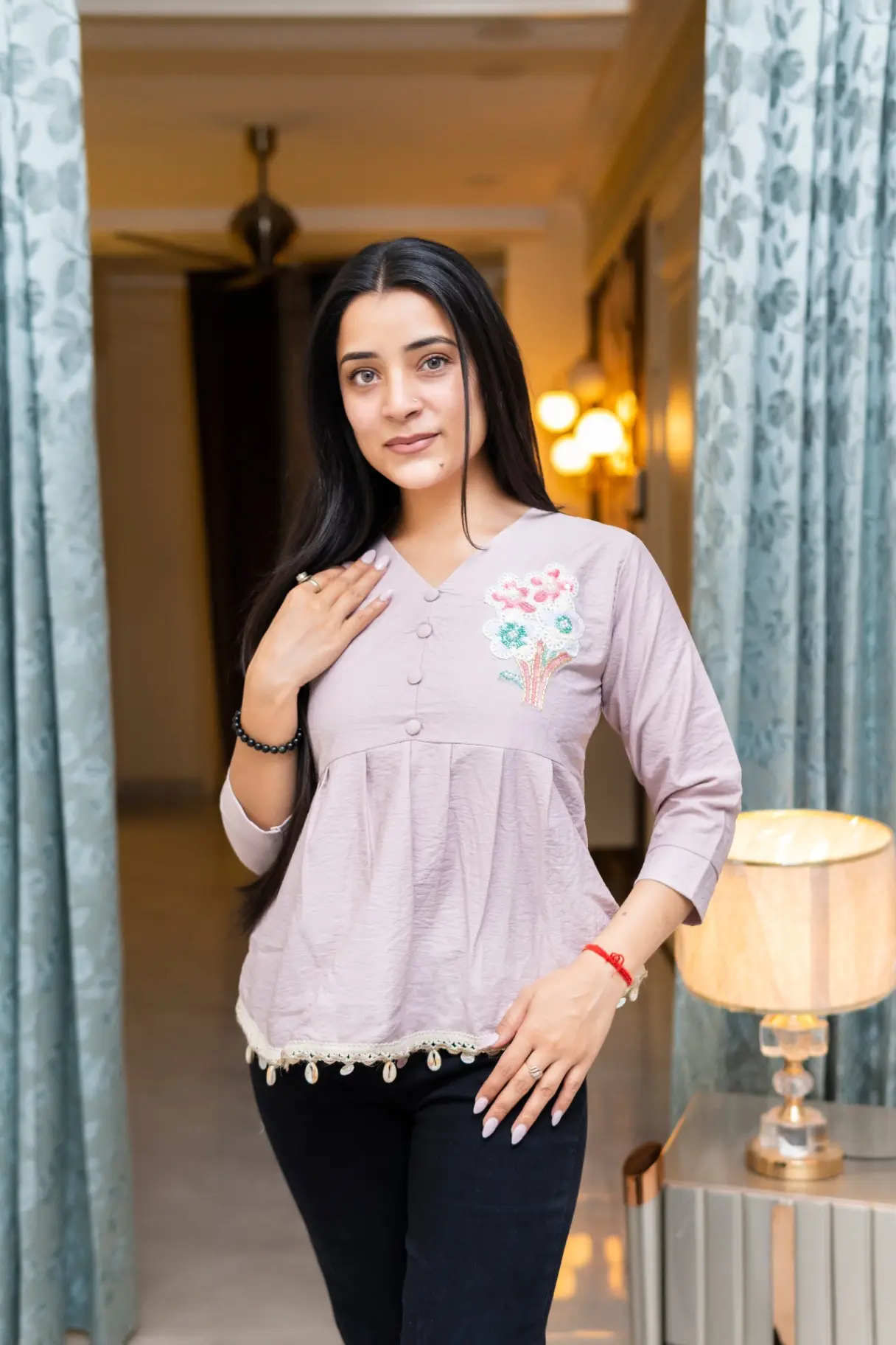 Chic Floral Patch V-Neck Casual Top view 2