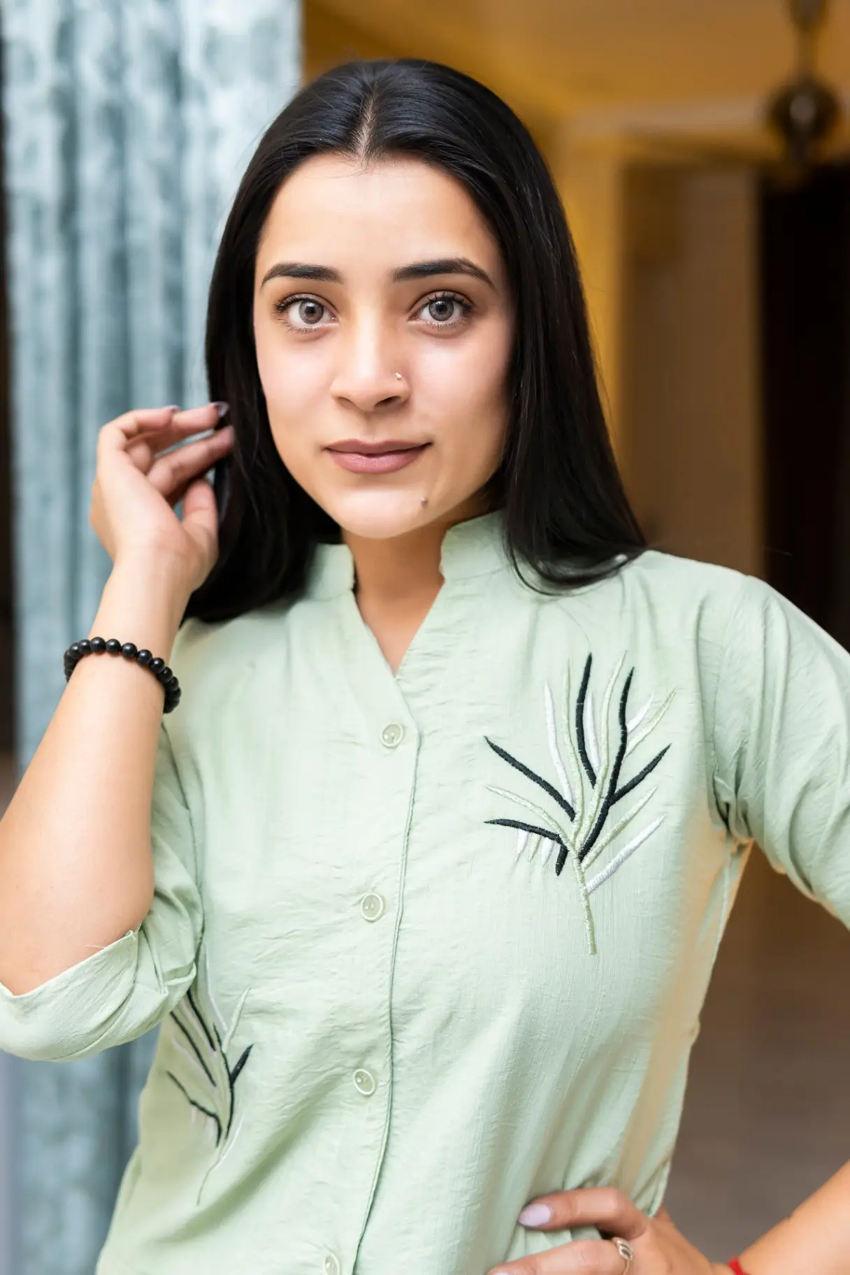 Stylish Leaf Embroidered Mandarin Collar Top view 2