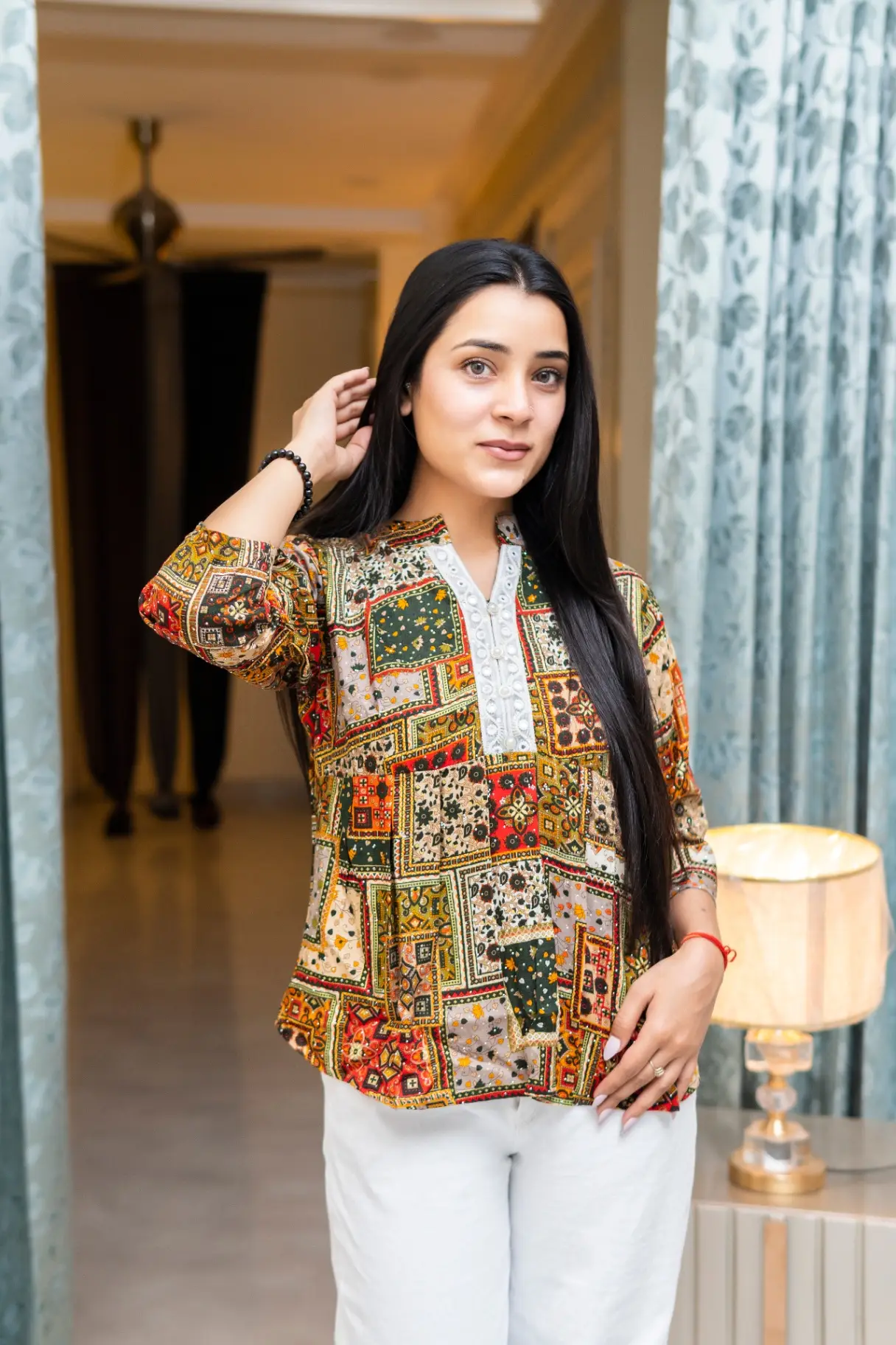 Women’s Multicolor Ethnic Patchwork Print Mandarin Collar Top view 2