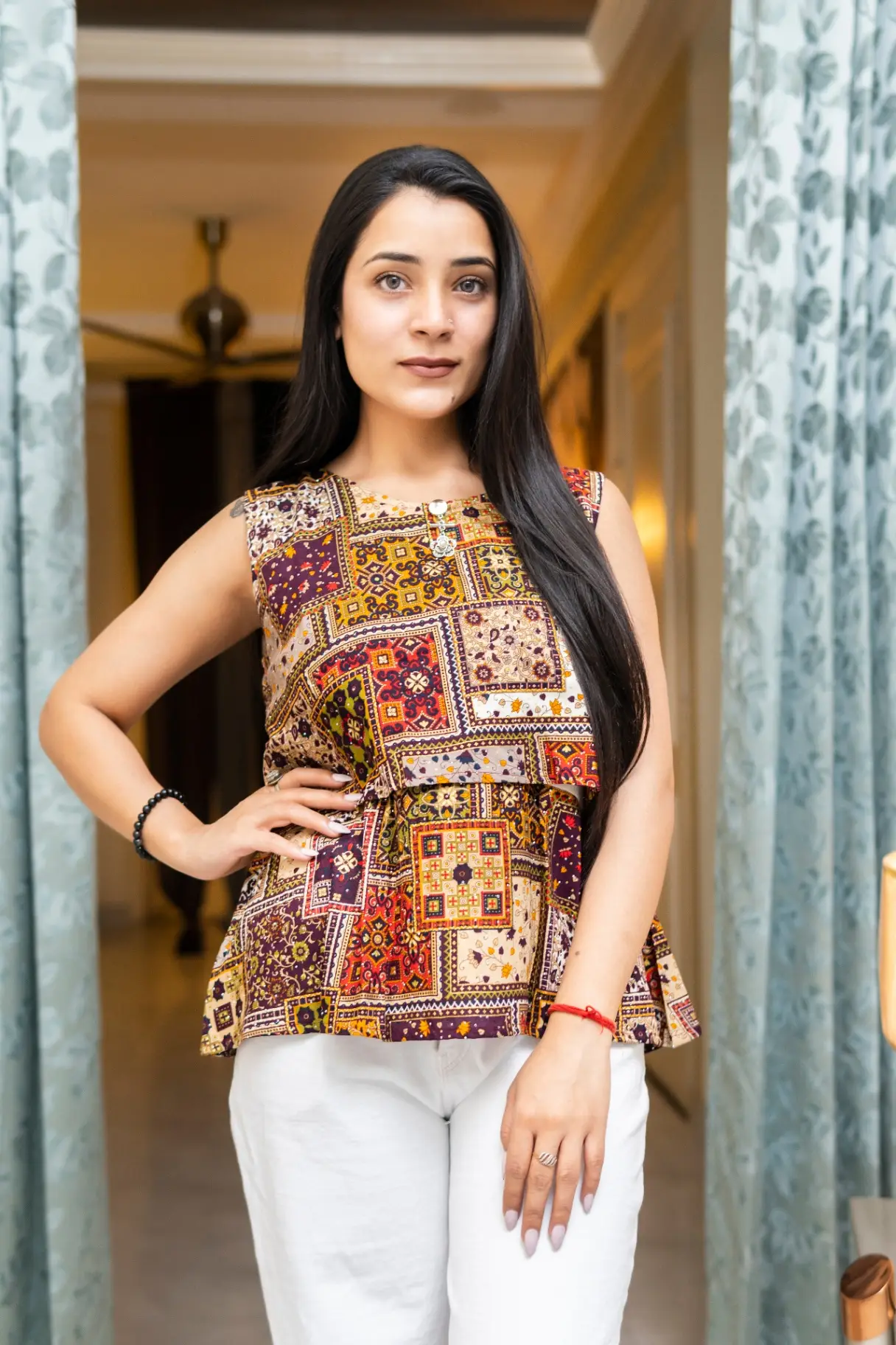 Women’s Multicolor Ethnic Patchwork Print Sleeveless Tiered Top view 2
