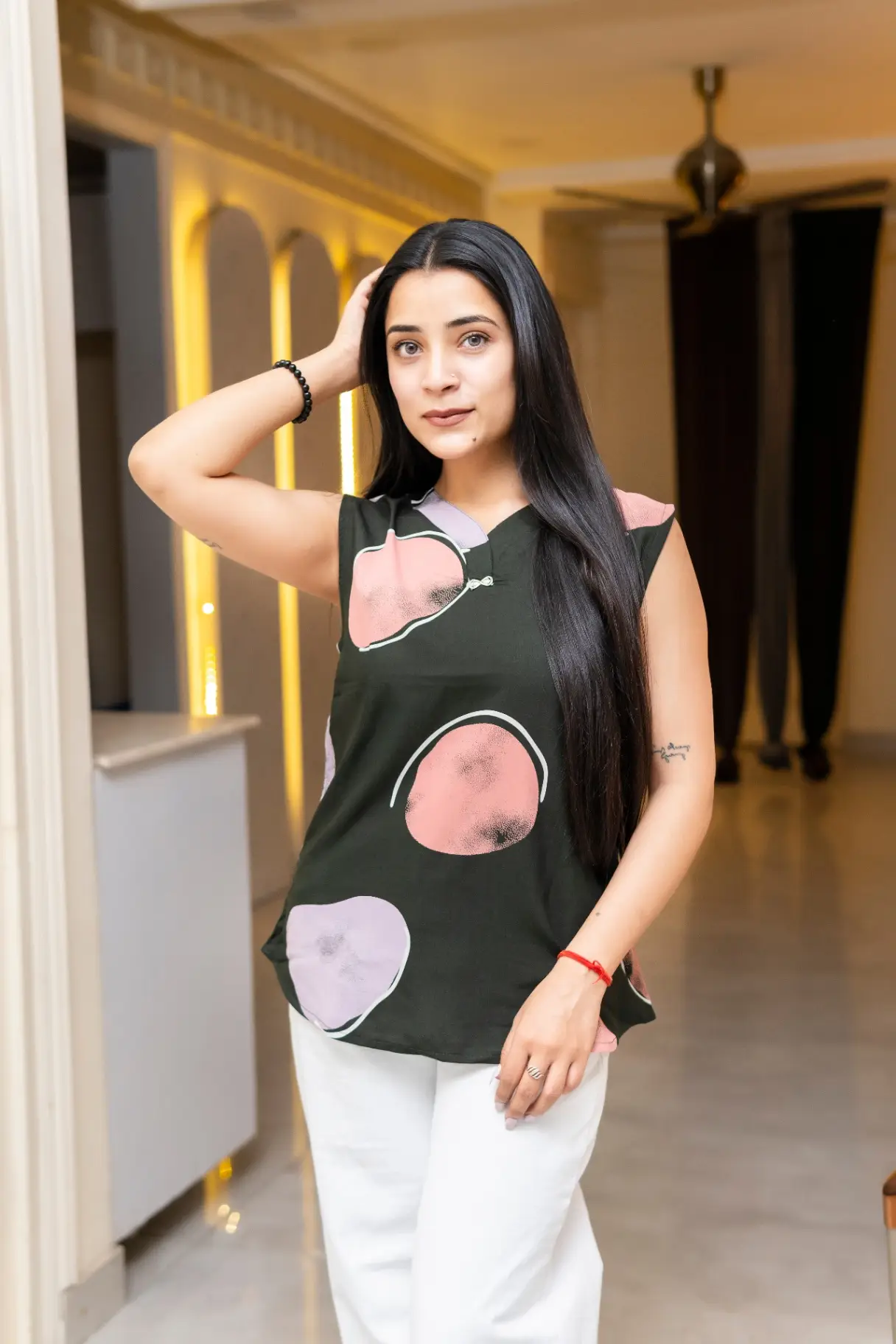 Women’s Dark Green Sleeveless Top with Abstract Pink & Mauve Geometric Print view 2
