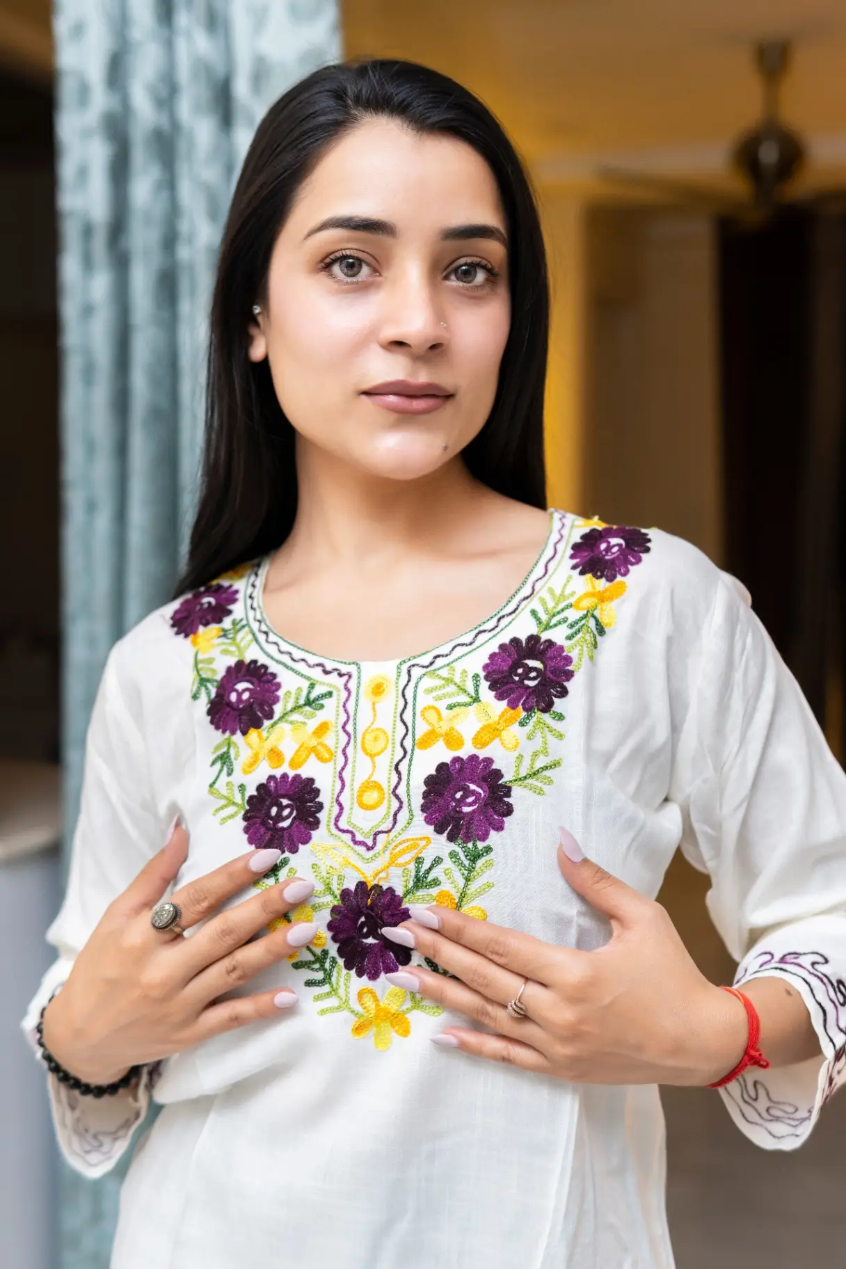 Women’s White Short Kurtis with Colorful Floral Embroidery view 2
