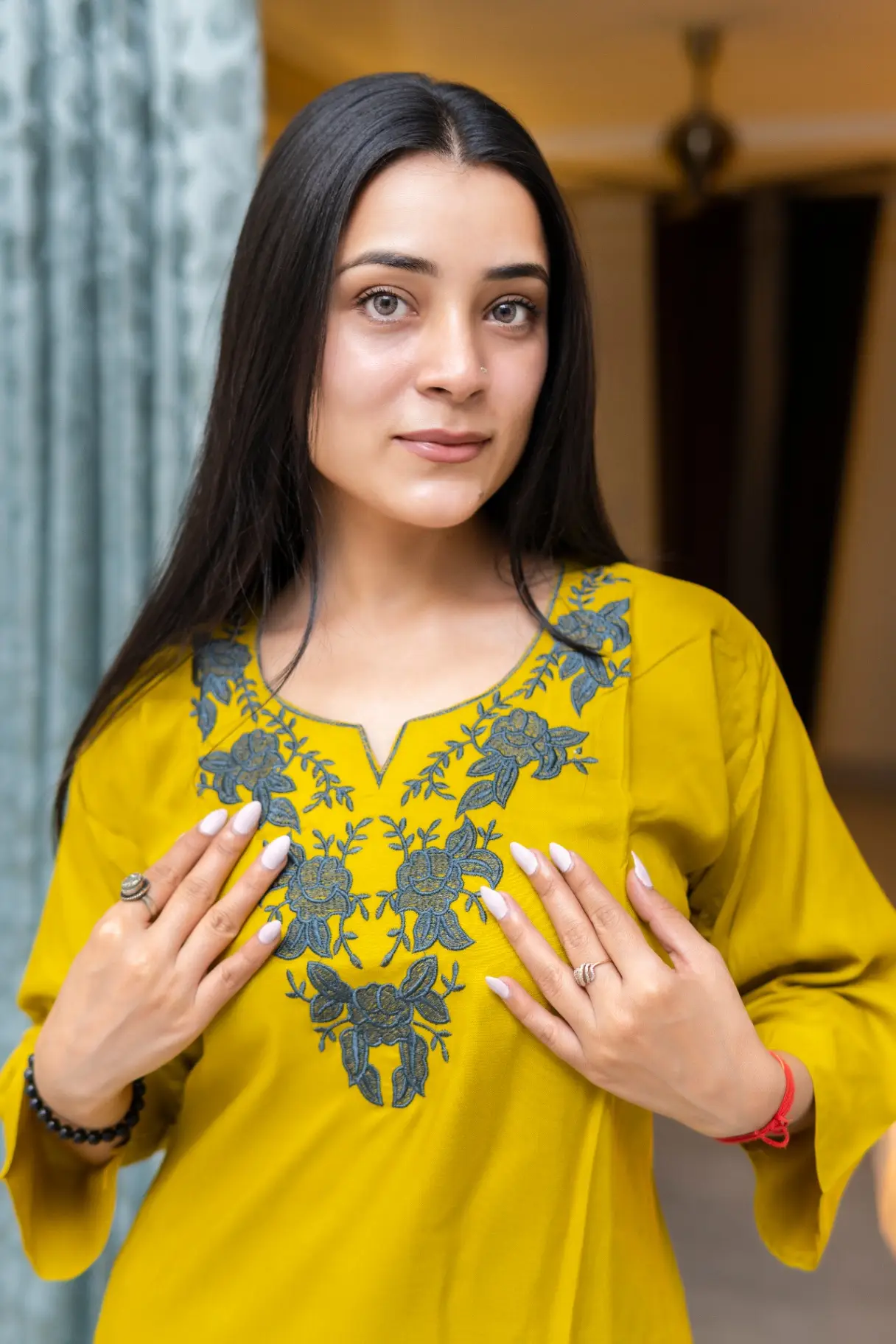 Women’s Mustard Yellow Rayon Short Kurti with Floral Neck Embroidery view 2