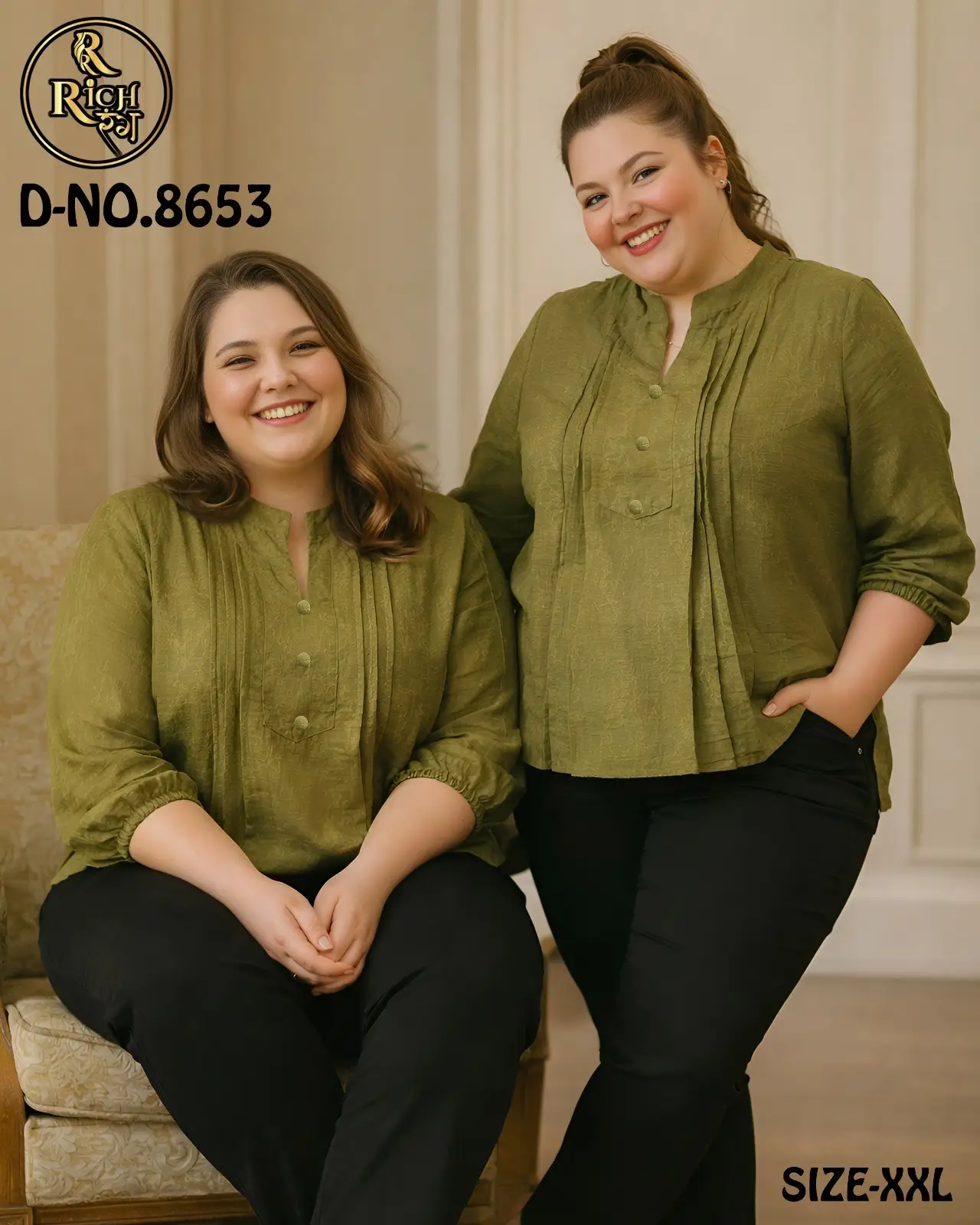 Olive green with elegant pleat stylish plus-size Top