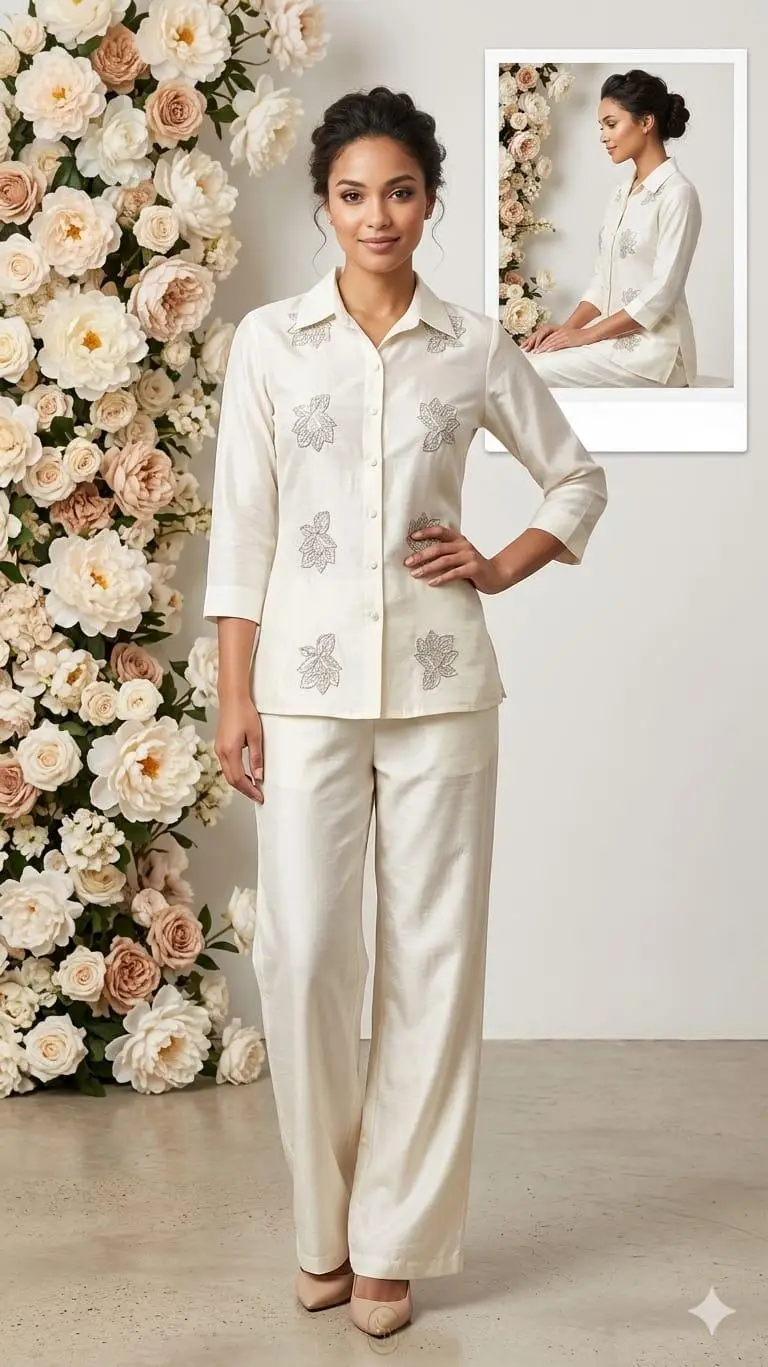 Women's Off-White Embellished Floral Co-ord Set