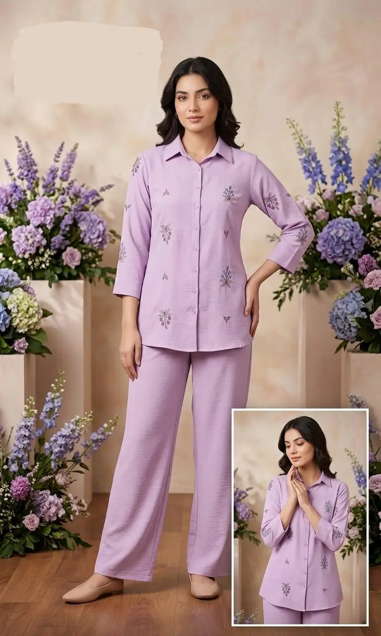 Women's Mauve Embroidered 2-Piece Co-ord Set