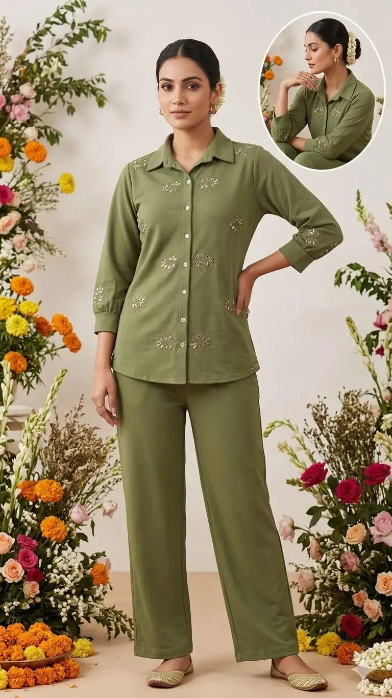 Women's Olive Green Floral Embroidered Cotton-Blend Co-ord Set