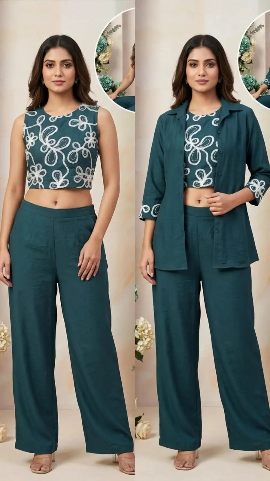 Women's 3-Piece Floral Embroidered Co-ord Set with Shrug