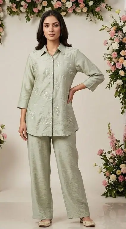 Women's Pista Green Floral Embroidered Co-ord Set
