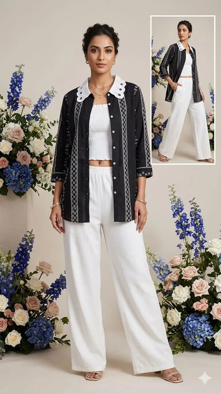 Women’s 3-Piece Black & White Embroidered Shrug Co-ord Set