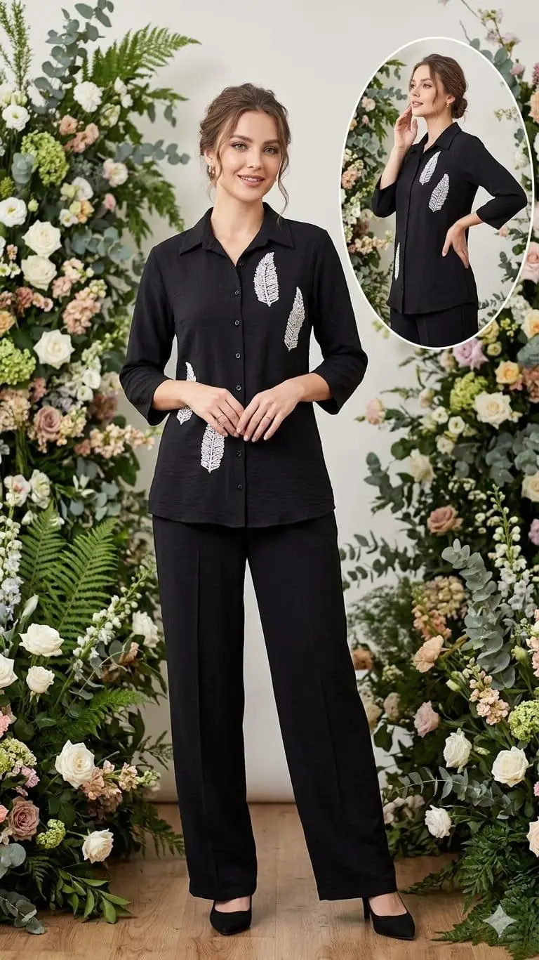 Women's Black Feather-Embroidered 2-Piece Co-ord Set