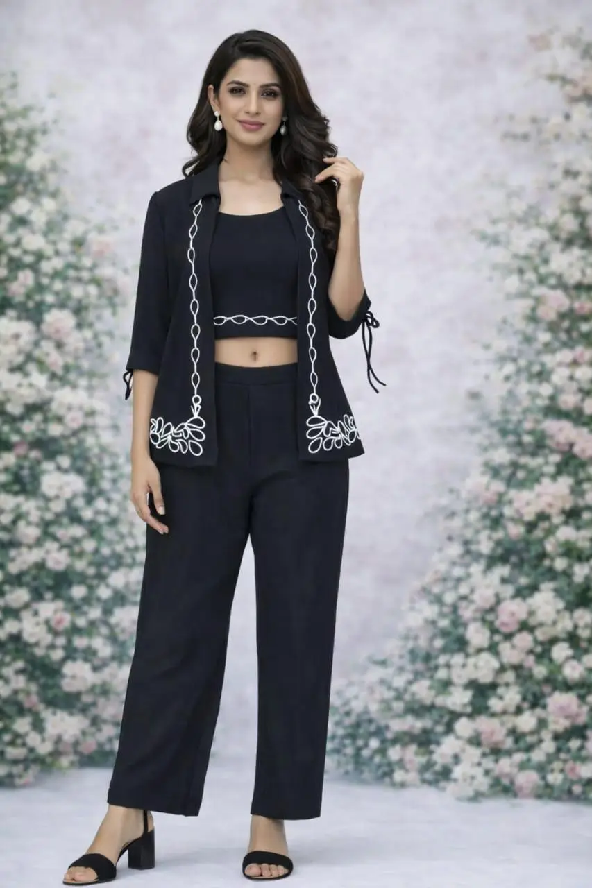 Women's 3-Piece Black Embroidered Co-ord Set with Shrug