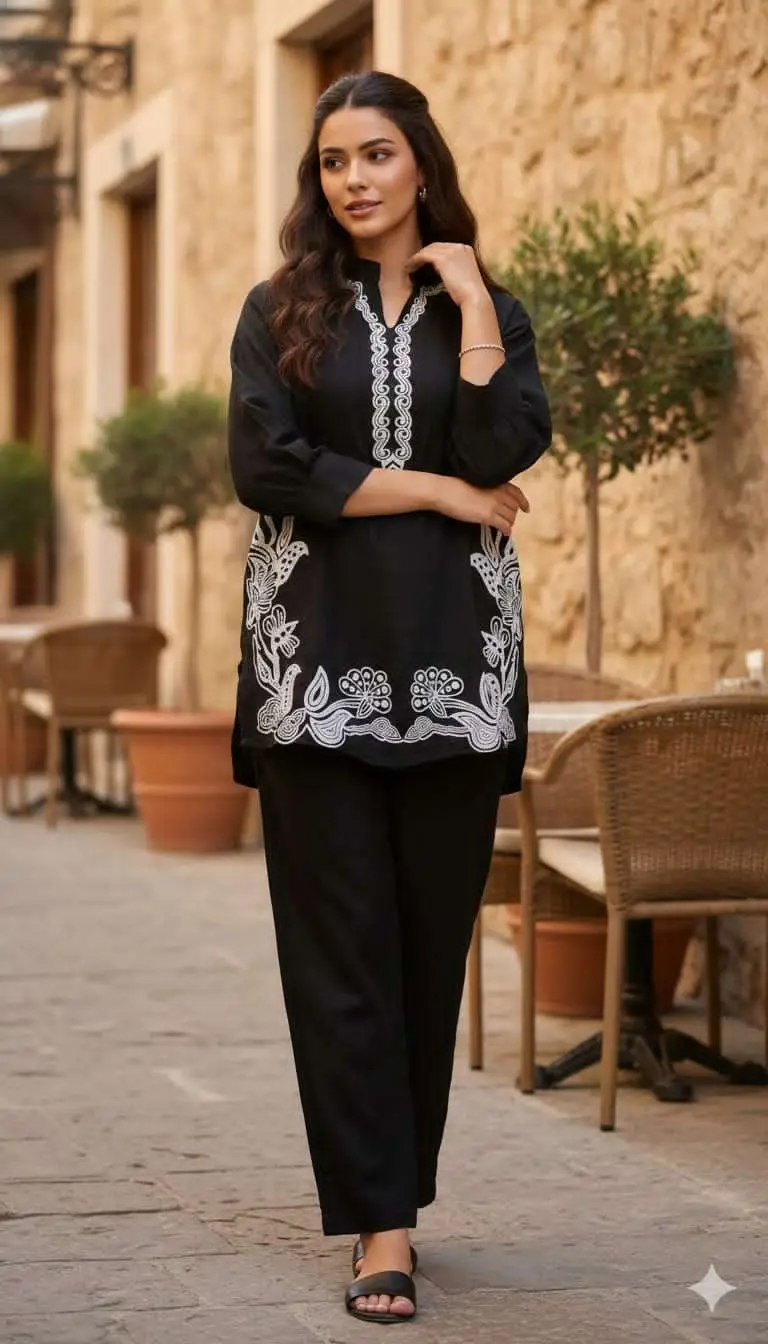 Women's Midnight Black Floral Embroidered Co-ord Set