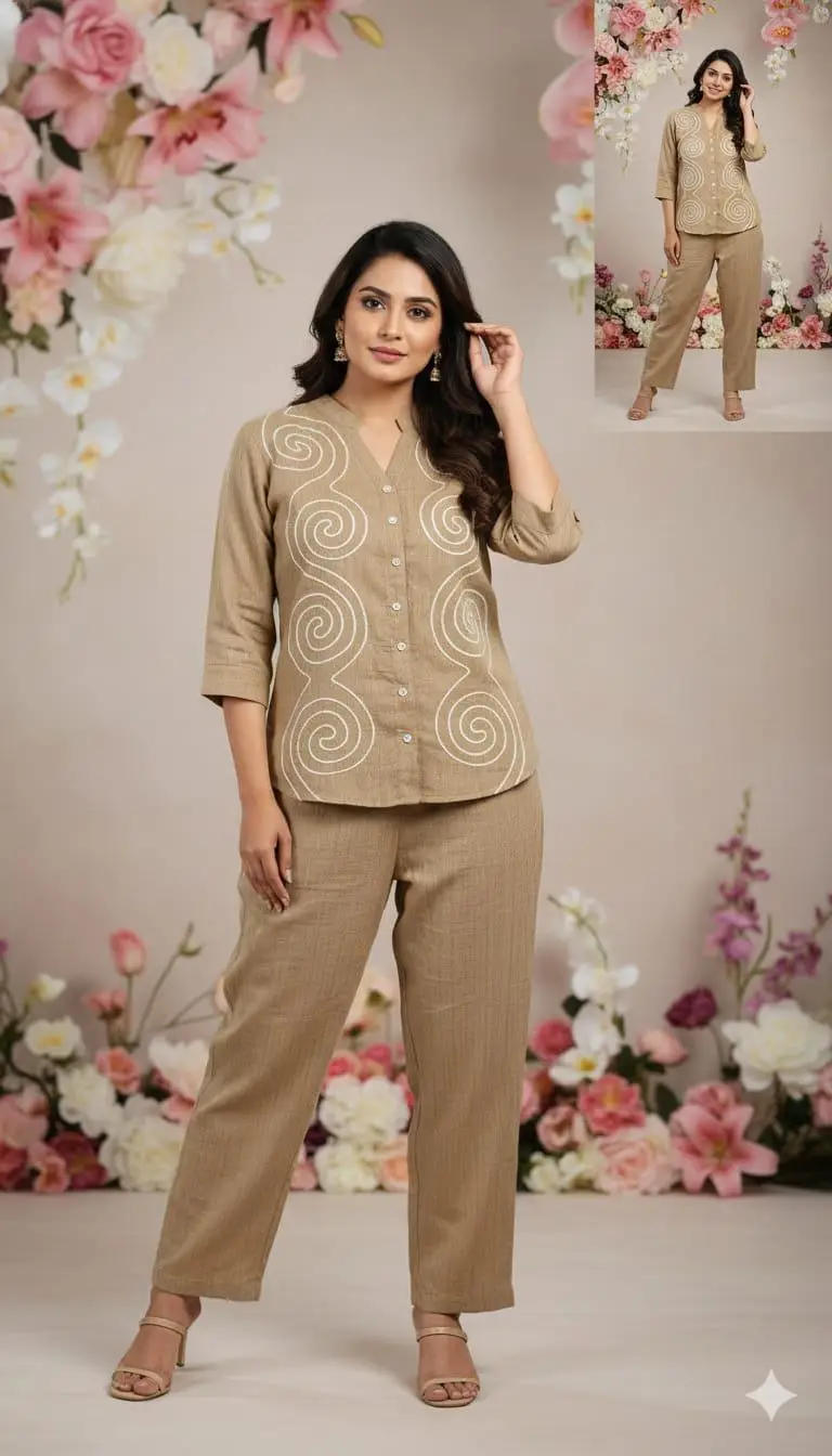 Women's Beige Spiral Embroidered 2-Piece Stylish Cord Set