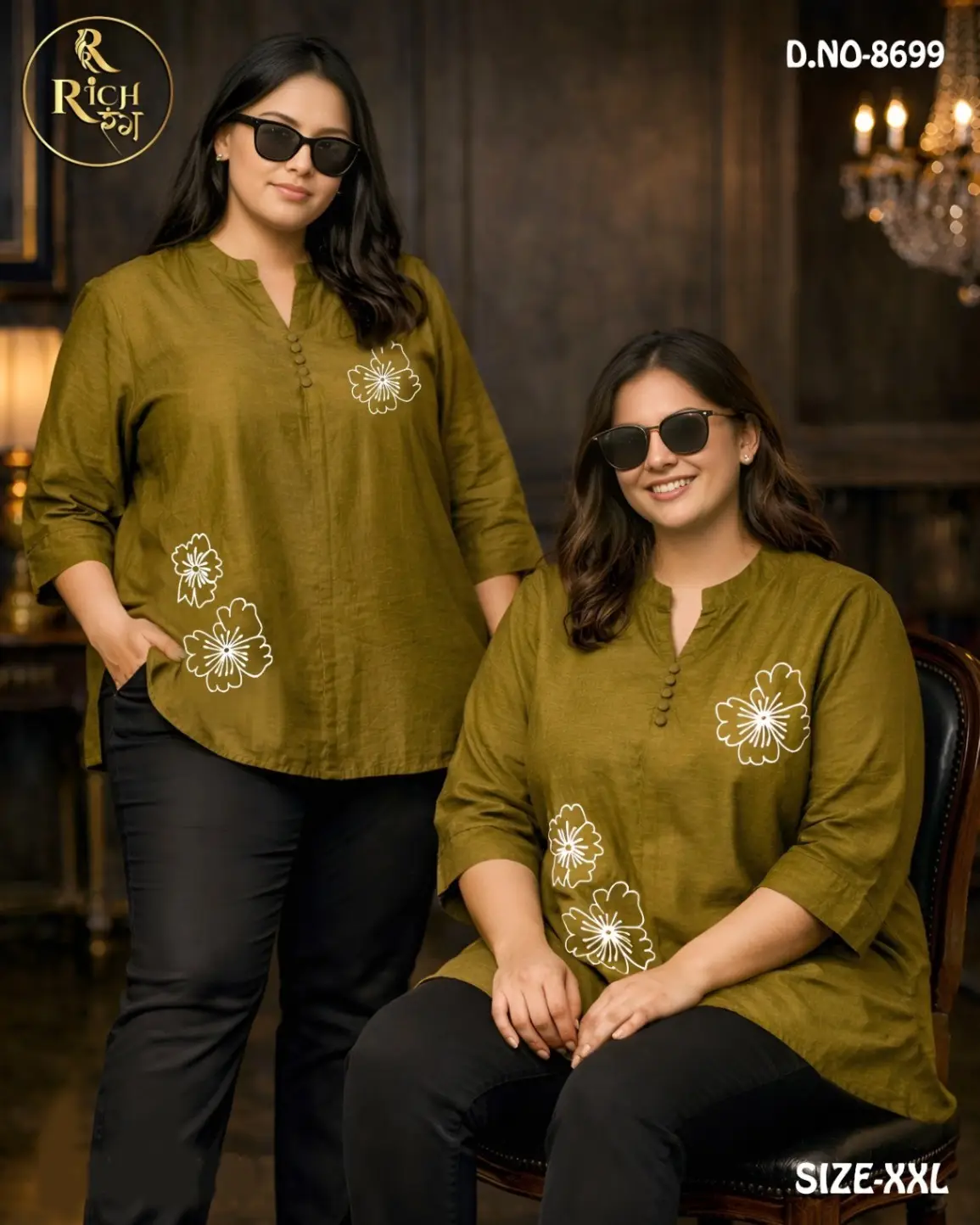 Plus Size Women's Olive Green Floral Embroidered Top