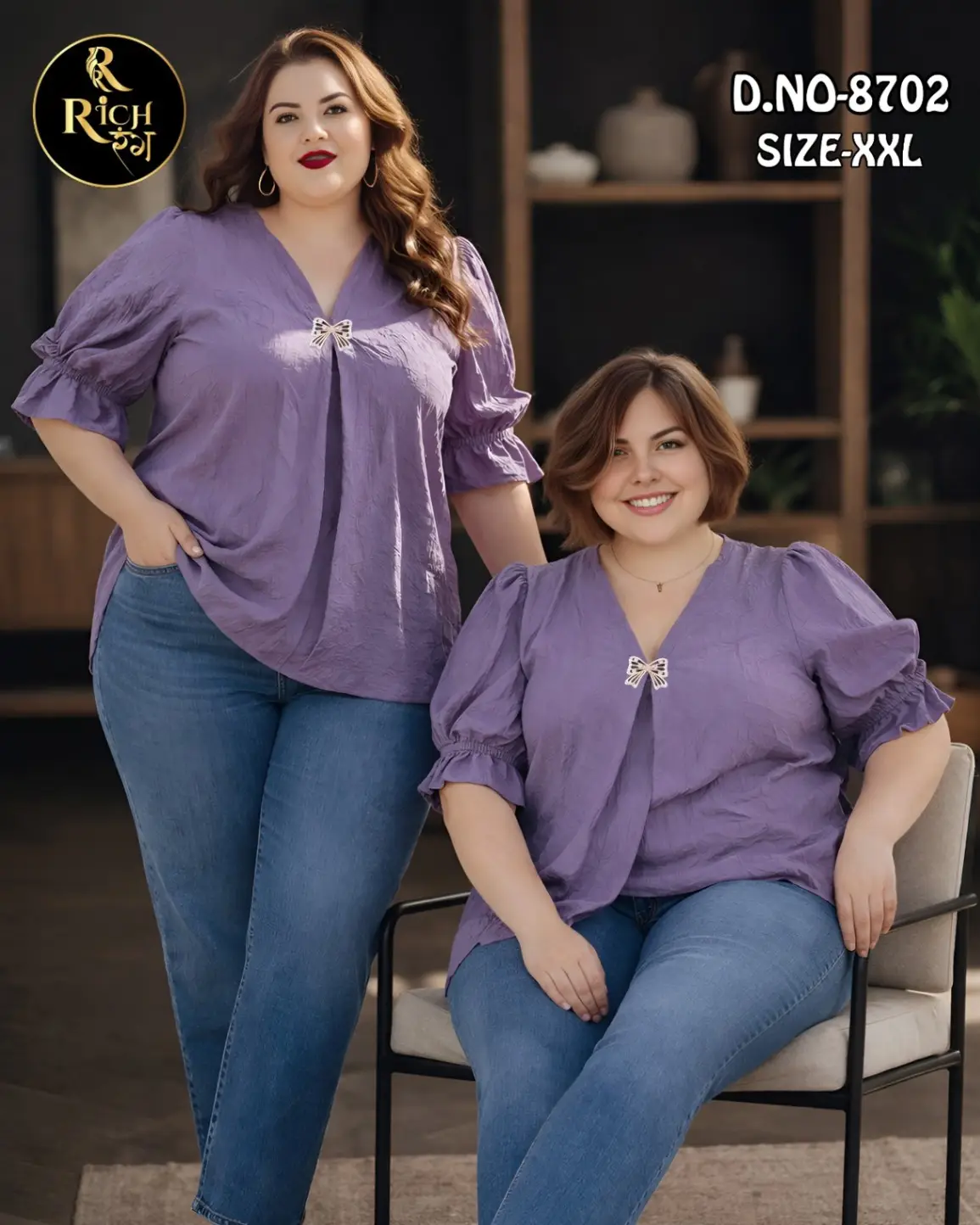 Women's Plus Size Top Mauve Puff-Sleeve Top with Bow Detail