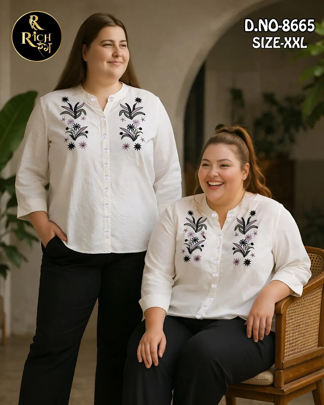 Plus Size Women's Off-White Floral Embroidered Top