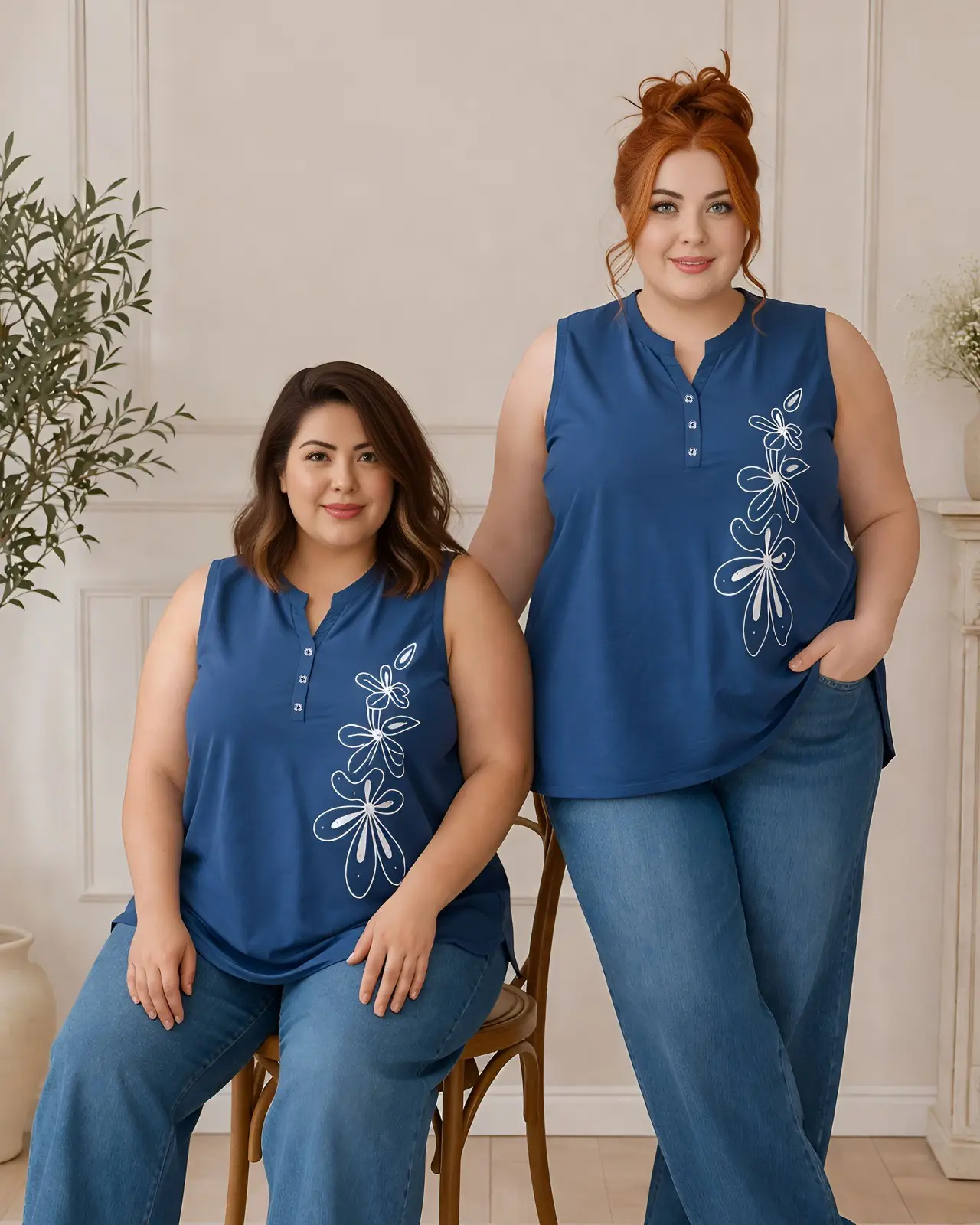 Women's Plus Size Navy Blue Floral Embroidered Sleeveless Top
