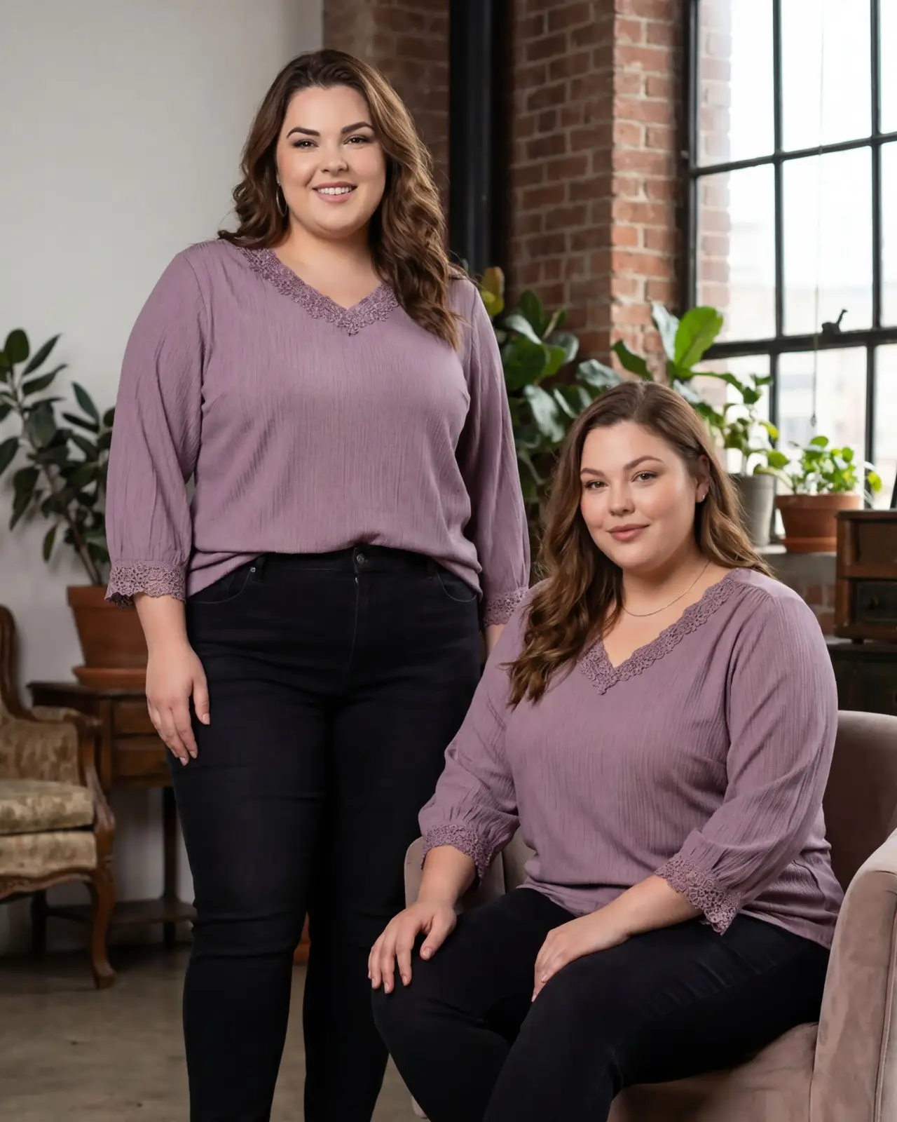 Plus Size Women's Mauve Textured Top with Crochet Lace Detail