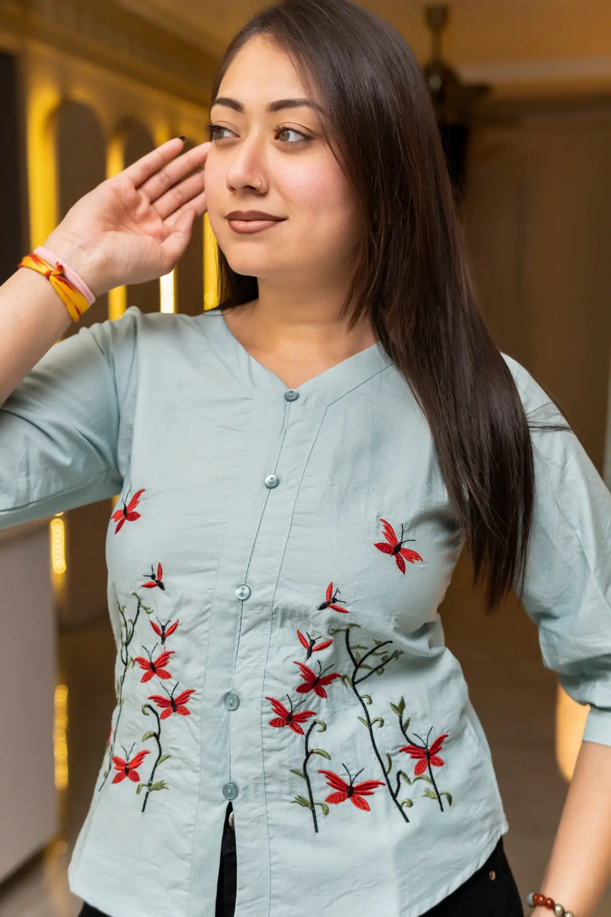 Women's Powder Blue Floral Embroidered Top