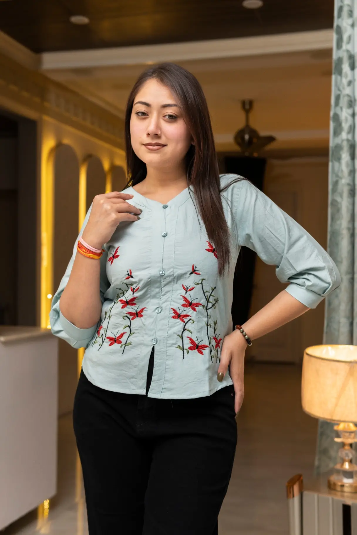 Women's Powder Blue Floral Embroidered Top view 2