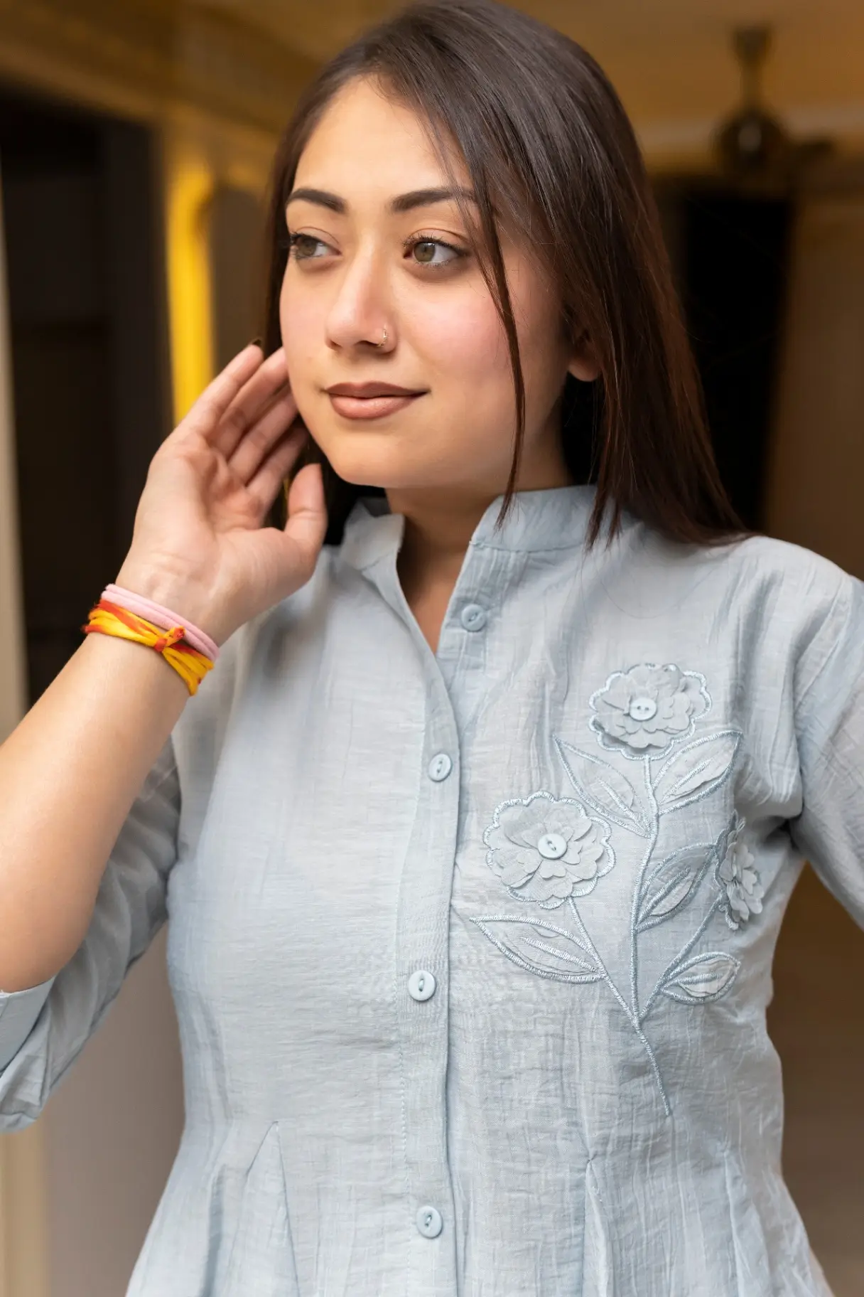 Women's Powder Blue Peplum Top with Floral Appliqué