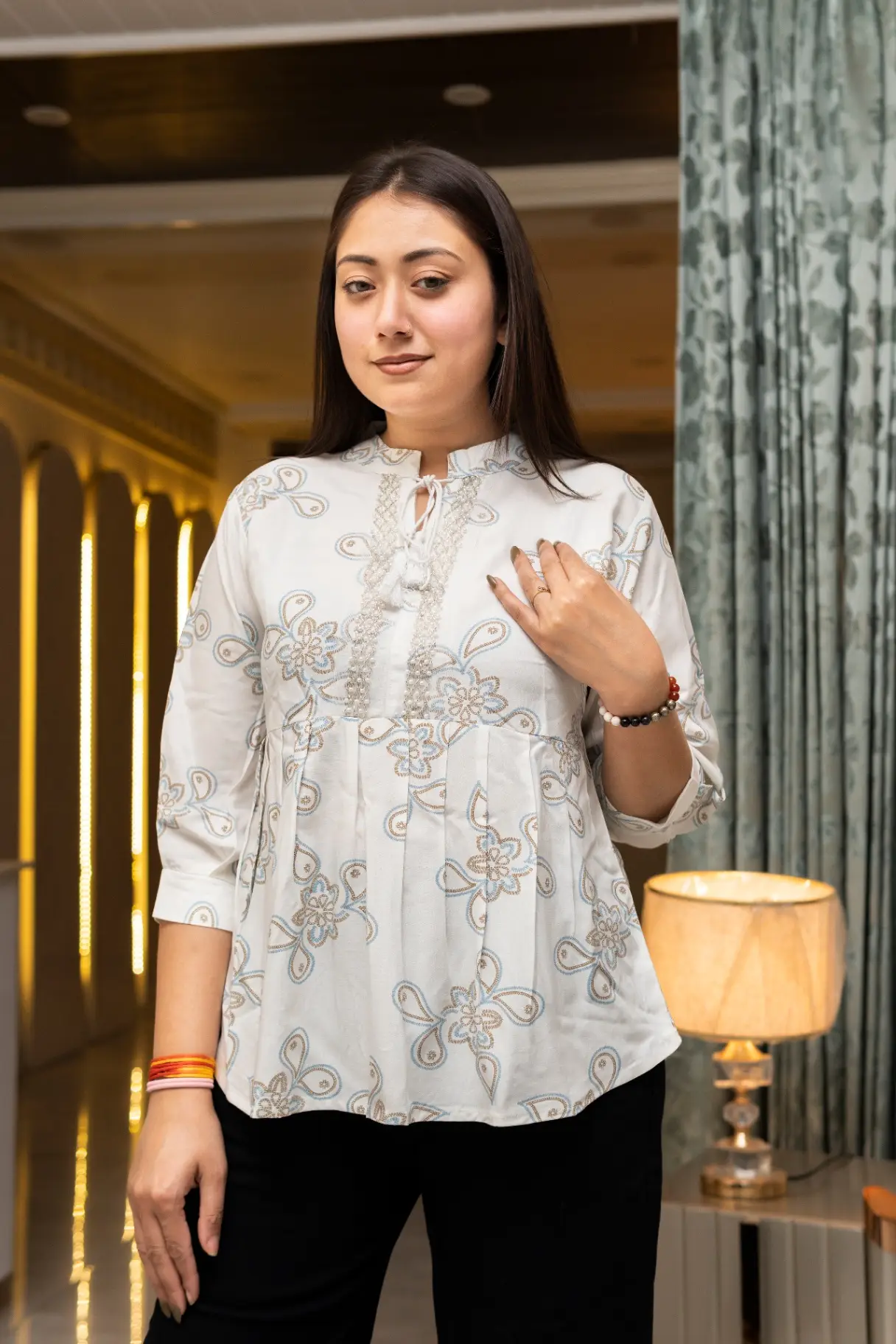 Women's Off-White Floral Printed A-Line Peplum Top view 2