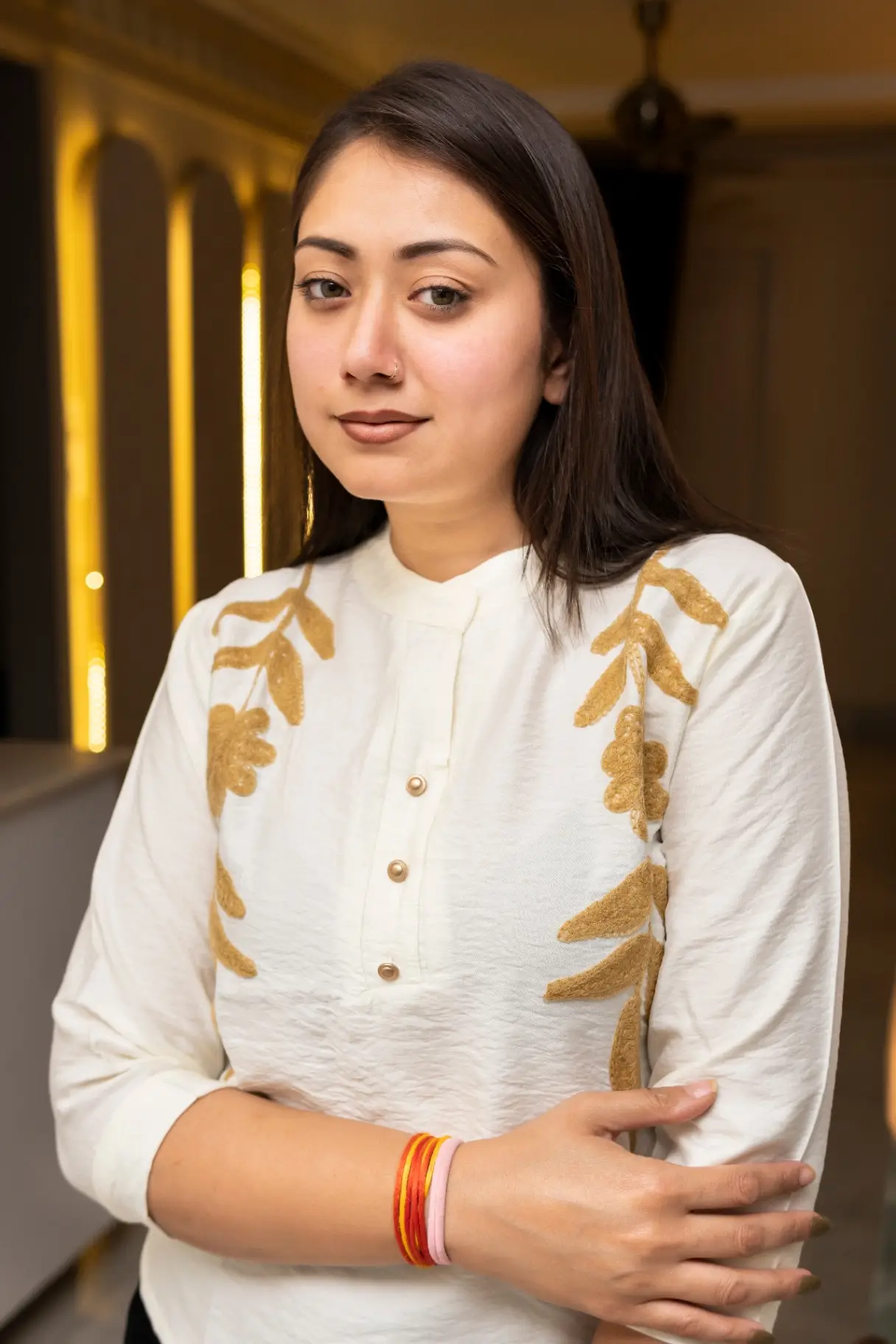 Women's White Cotton Embroidered Mandarin Collar Top