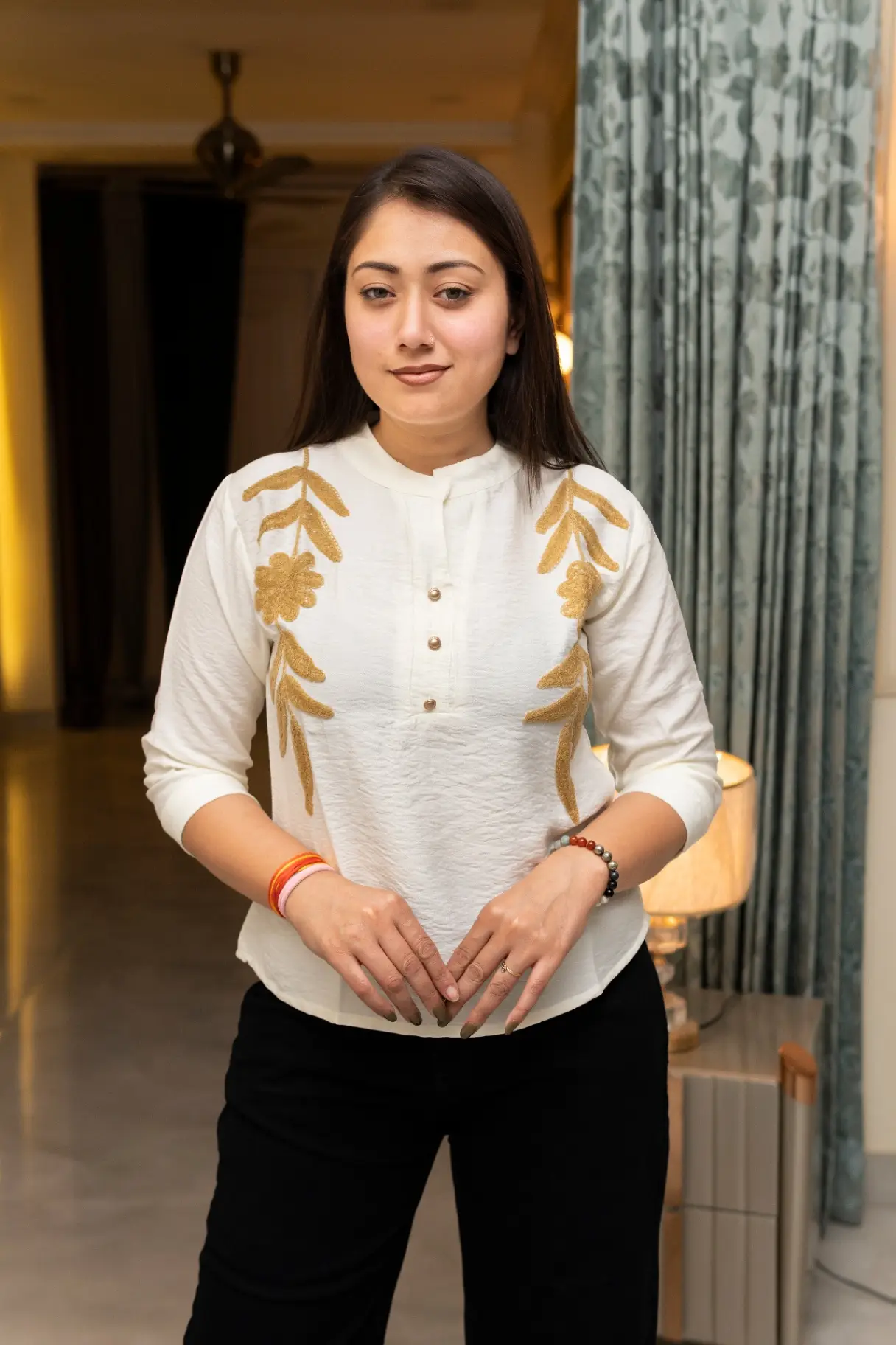 Women's White Cotton Embroidered Mandarin Collar Top view 2