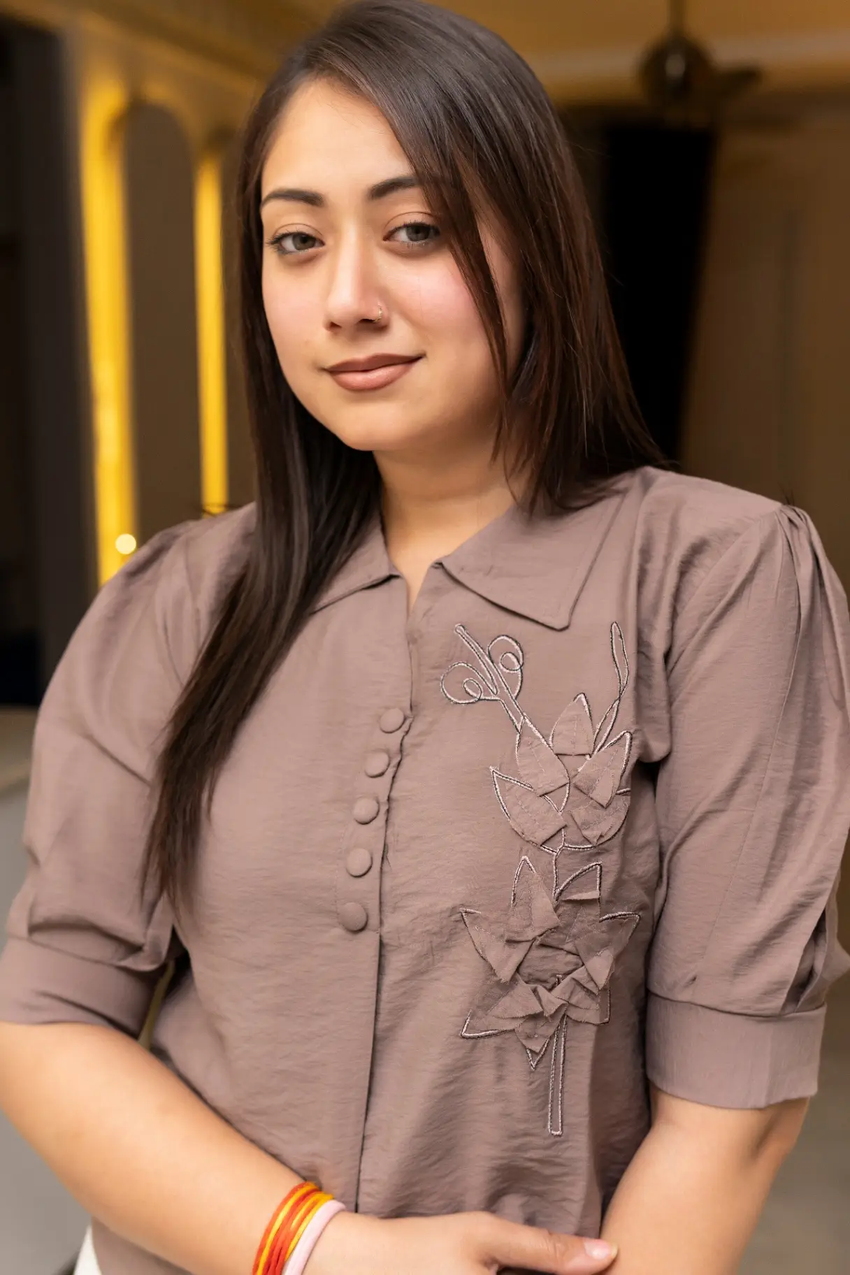 Women's Taupe Floral Embroidered Cotton-Blend Top view 2