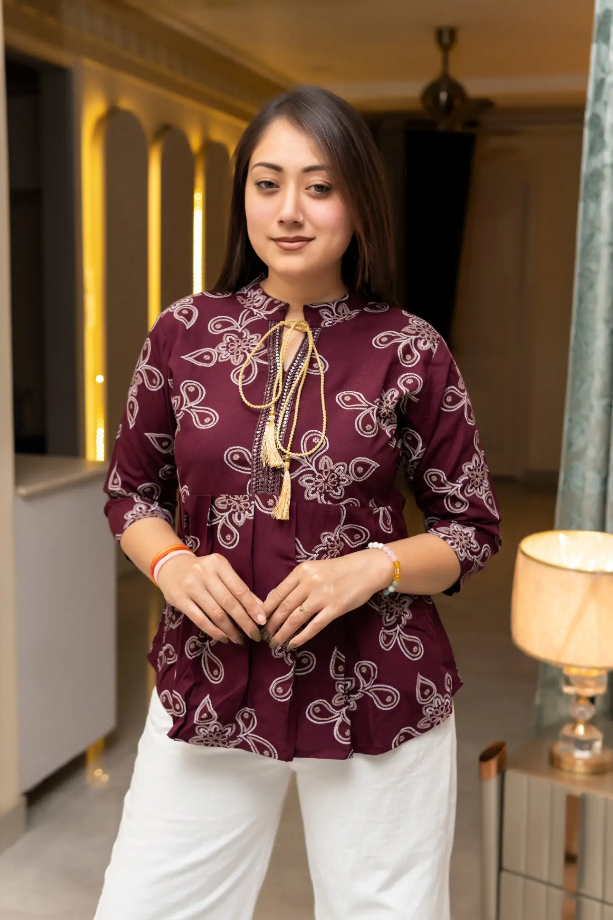 Women’s Maroon Floral Printed Cotton Peplum Top