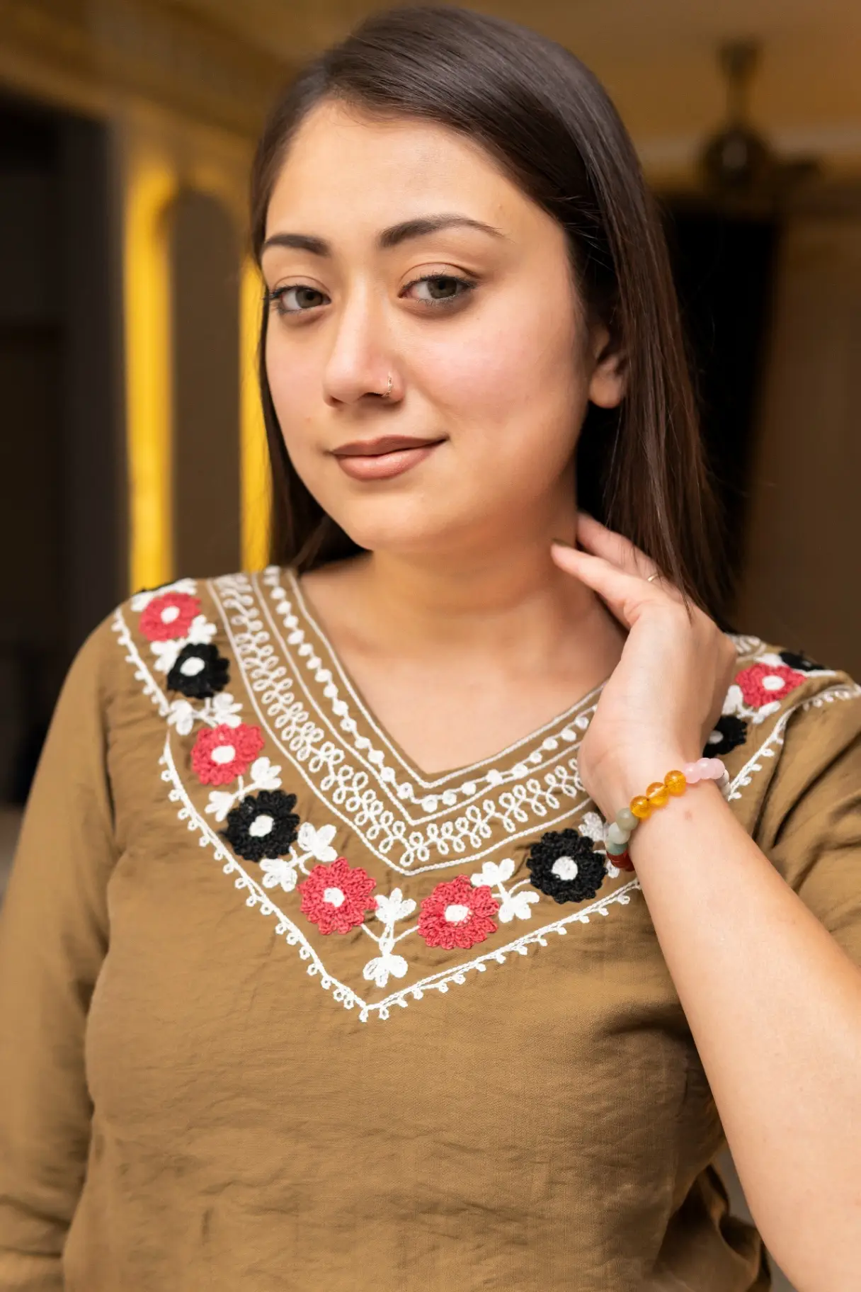 Women's V-Neck Floral Embroidered Ethnic Top view 2