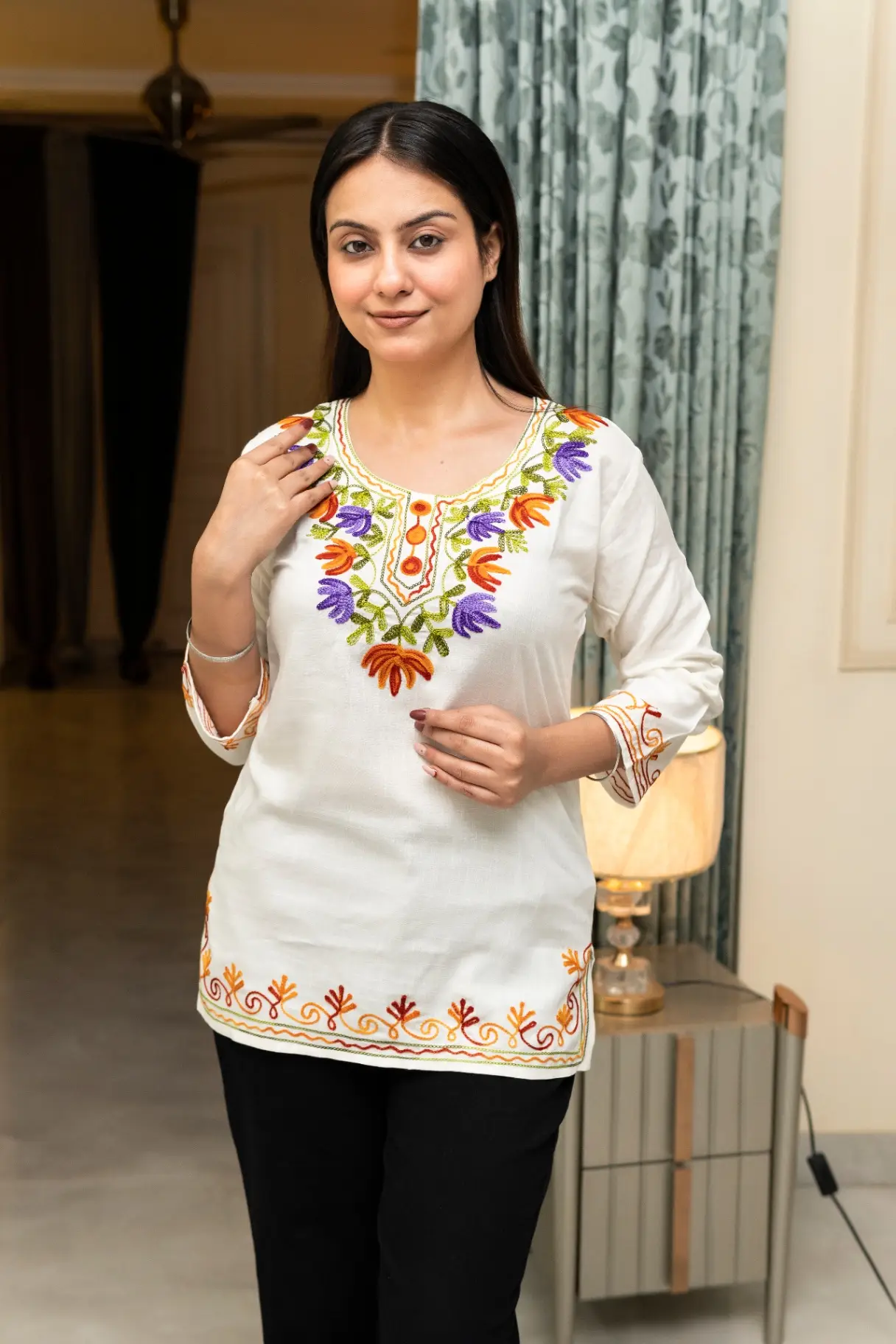 Women's Off-White Cotton Floral Embroidered Short Kurtis