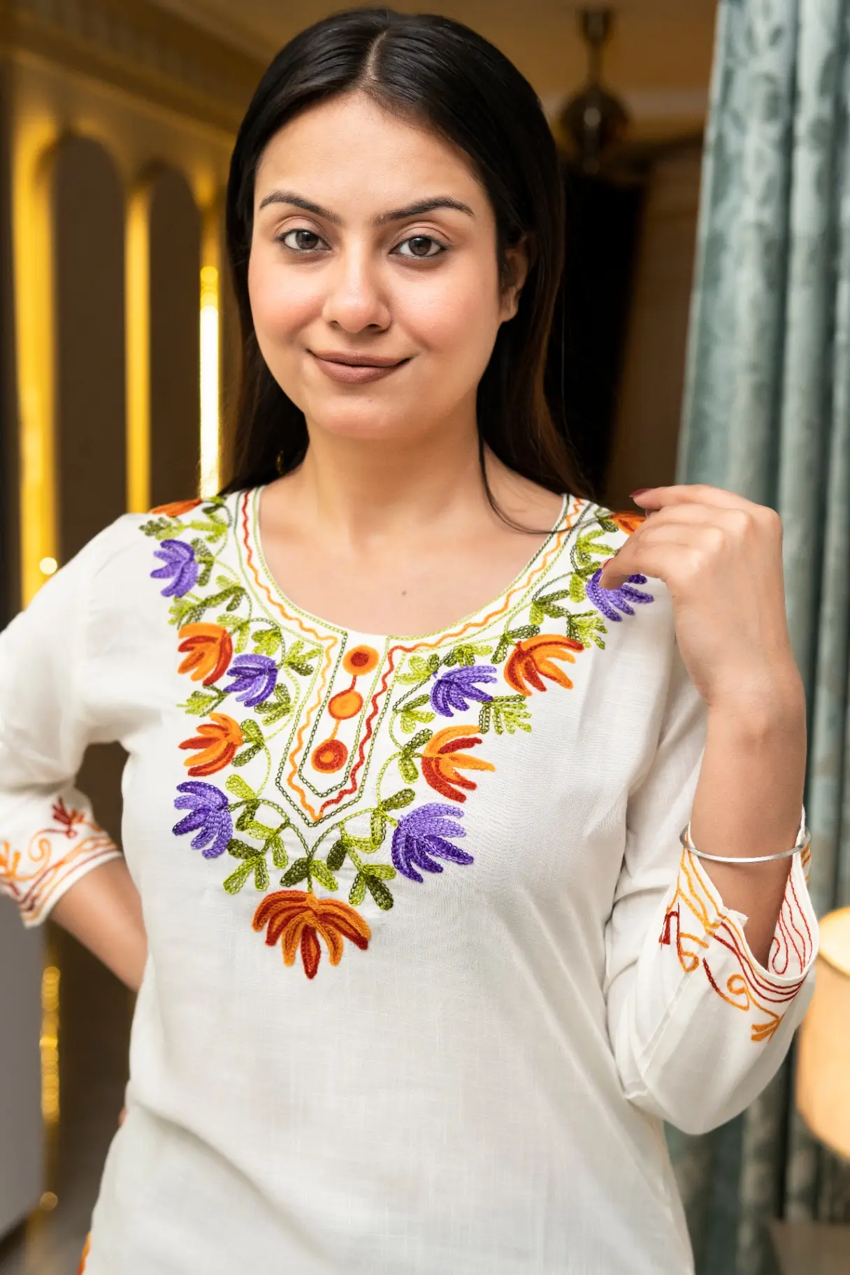 Women's Off-White Cotton Floral Embroidered Short Kurtis view 2