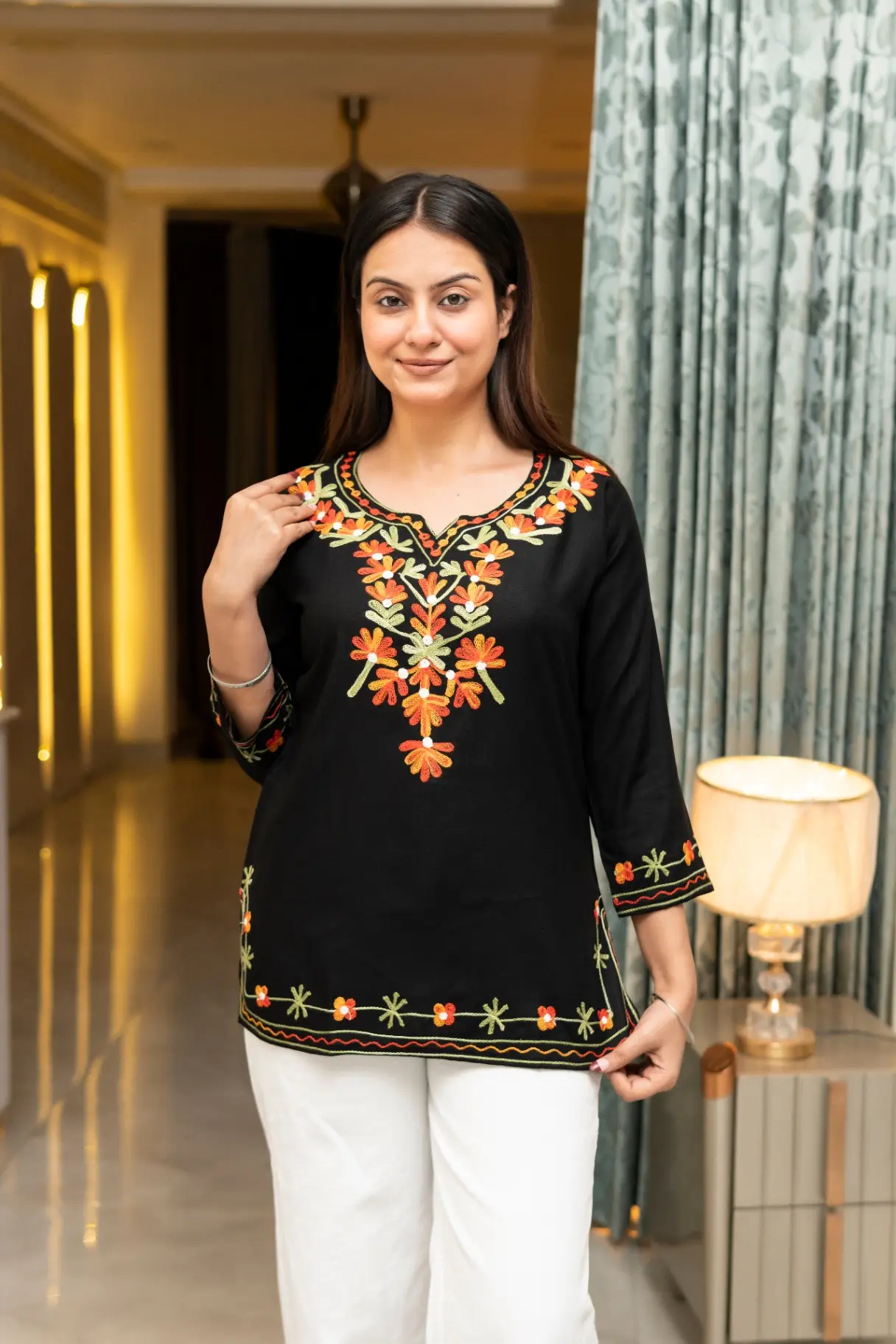 Women's Midnight Black Kashmiri Floral Embroidered Short Kurti
