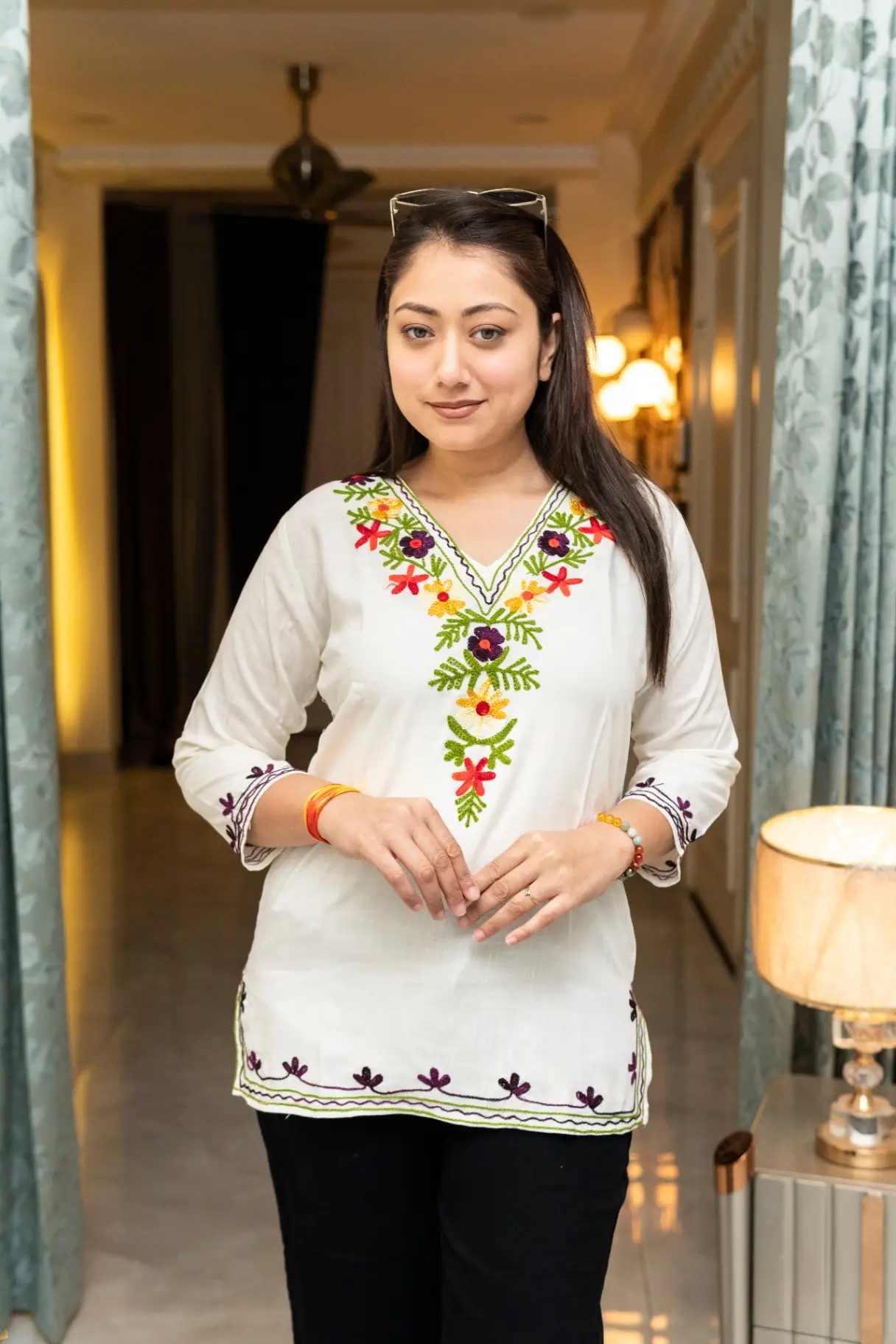 Women's White Pure Cotton Kashmiri Aari Embroidered Short Kurti view 2