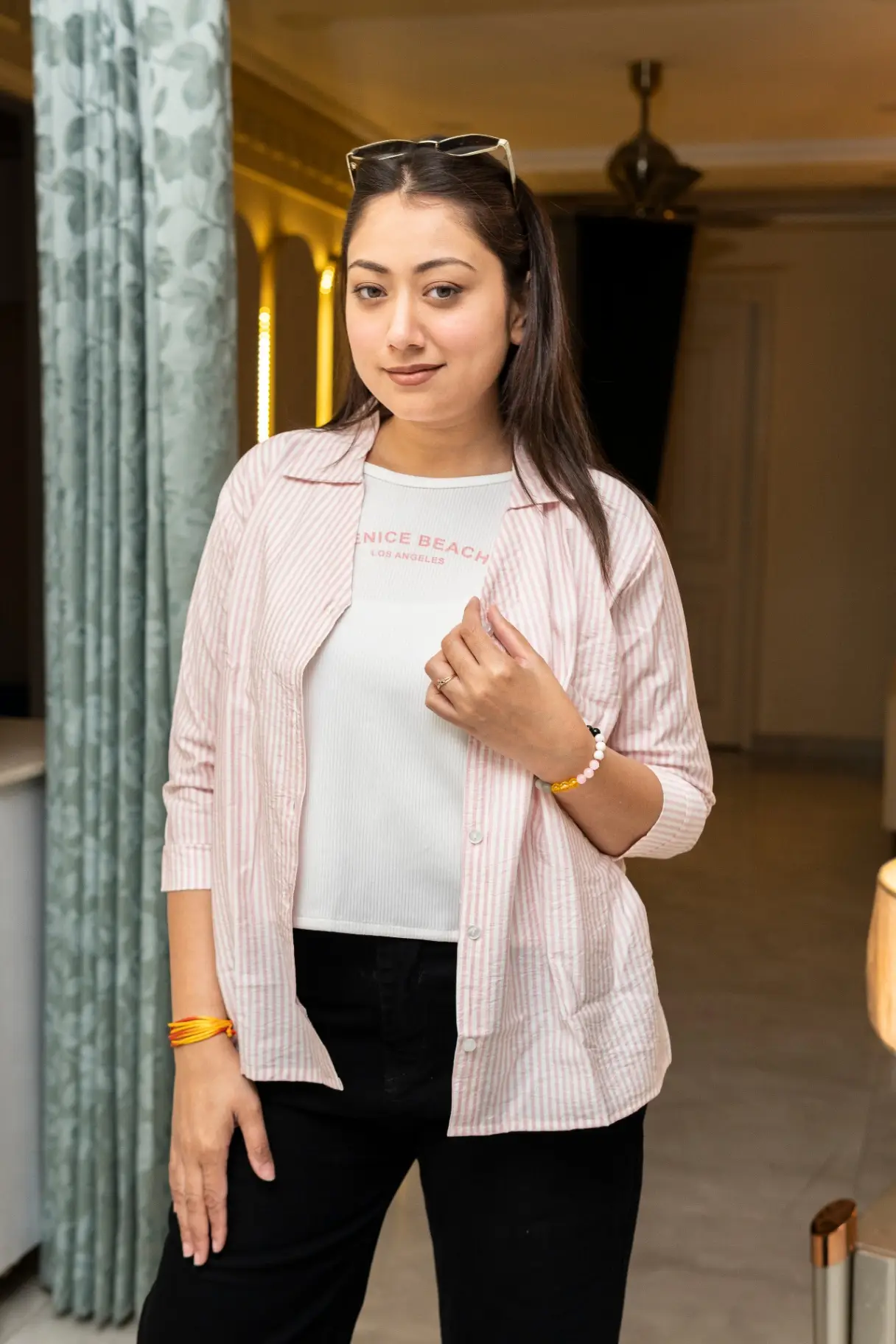 Women’s Pink & White Pinstriped Regular Top view 2