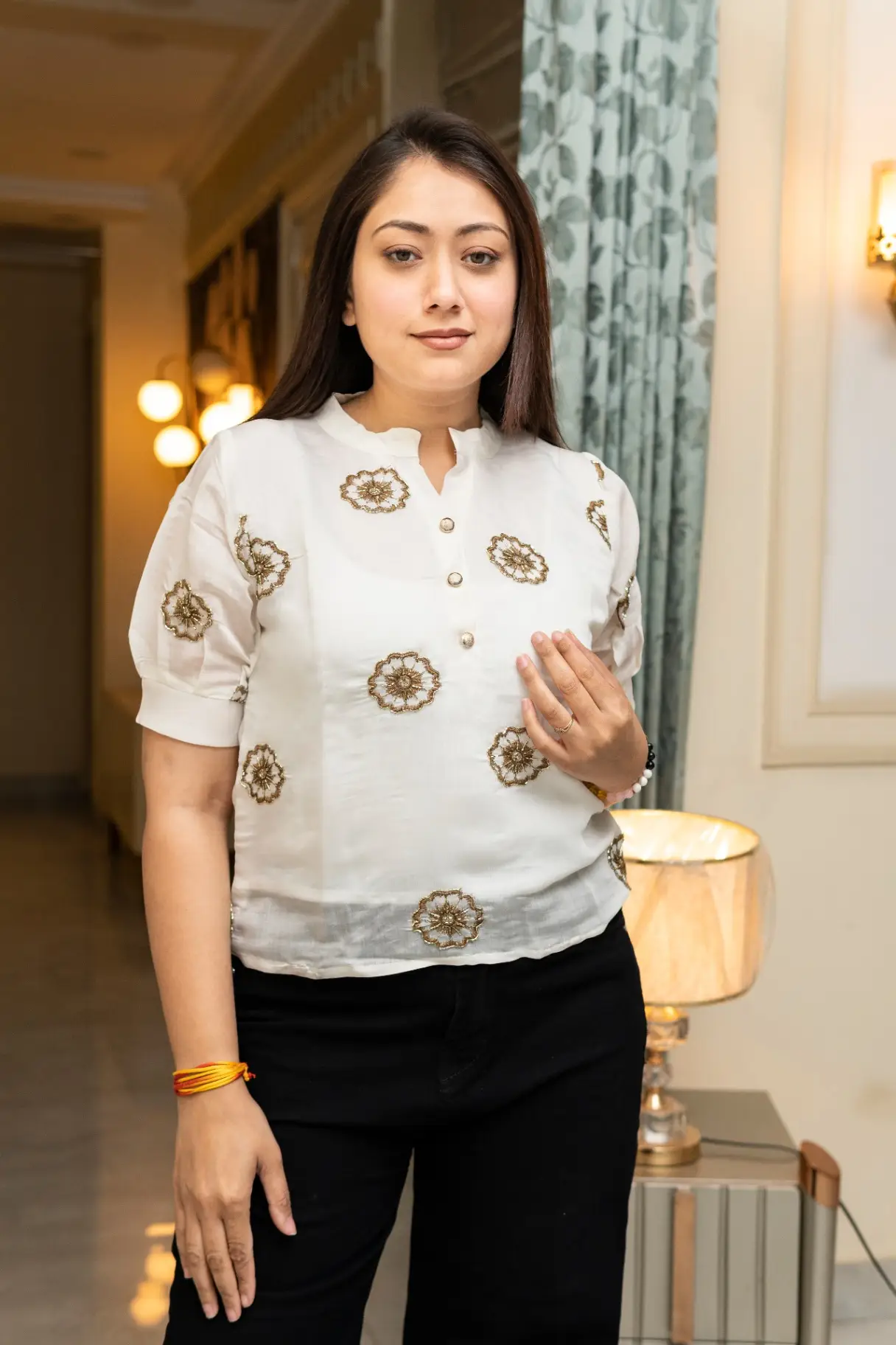 Women's Off-White Hand-Embroidered Regular Fit Top view 2