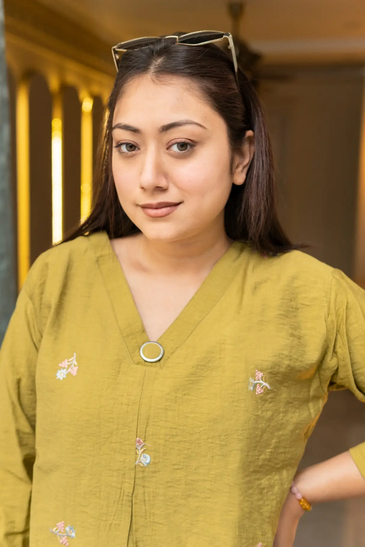 Women's Mustard Yellow Hand-Embroidered Floral V-Neck Top