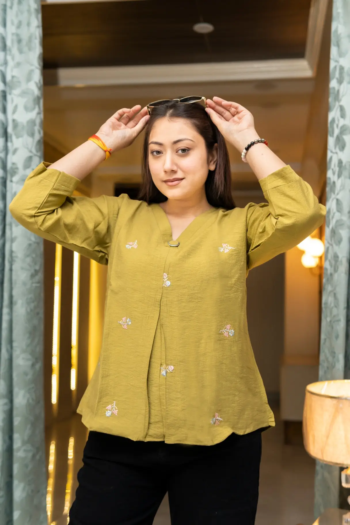 Women's Mustard Yellow Hand-Embroidered Floral V-Neck Top view 2