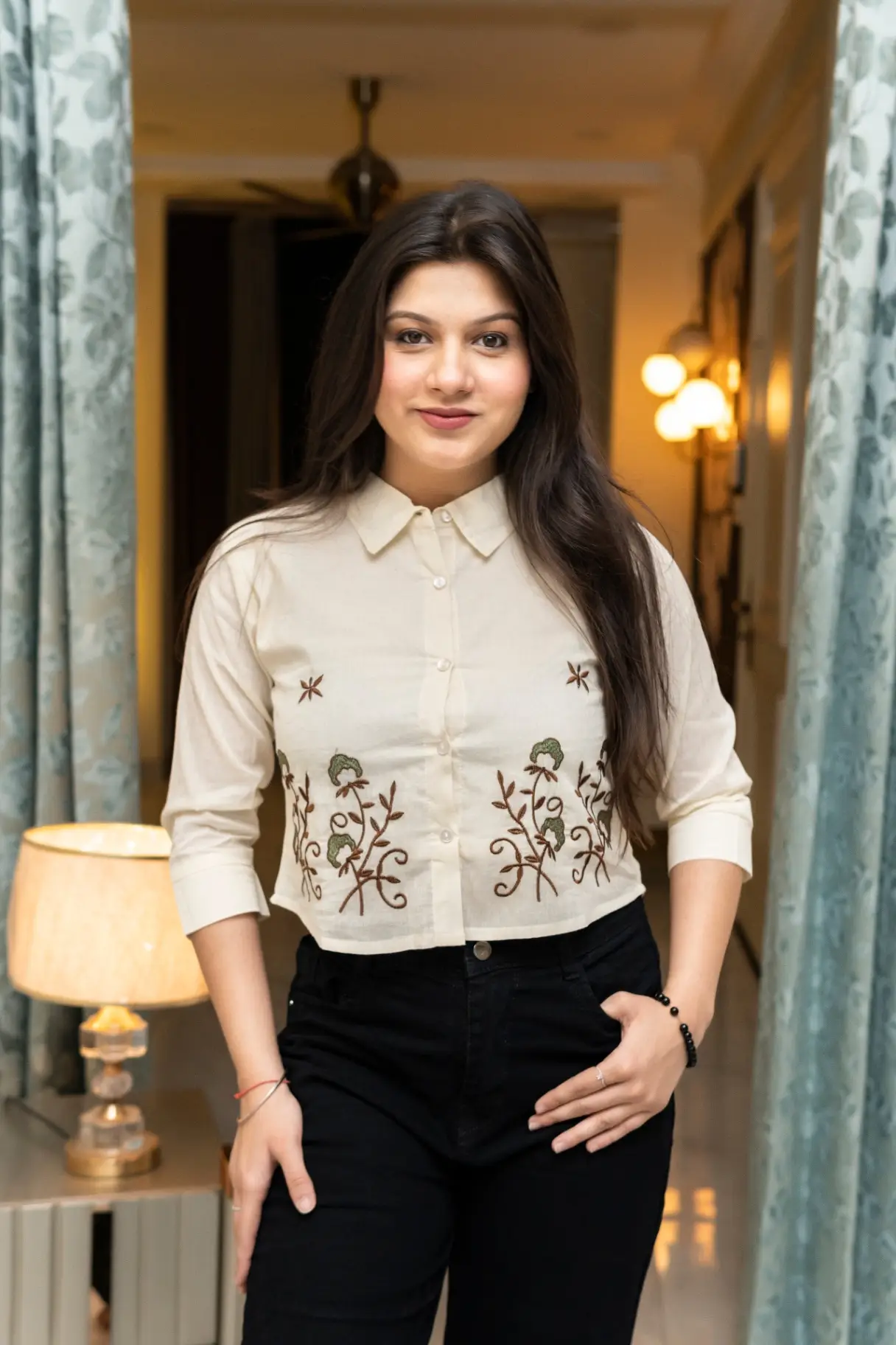 Women's Off-White Floral Embroidered Khadi Cotton Crop Shirt view 2
