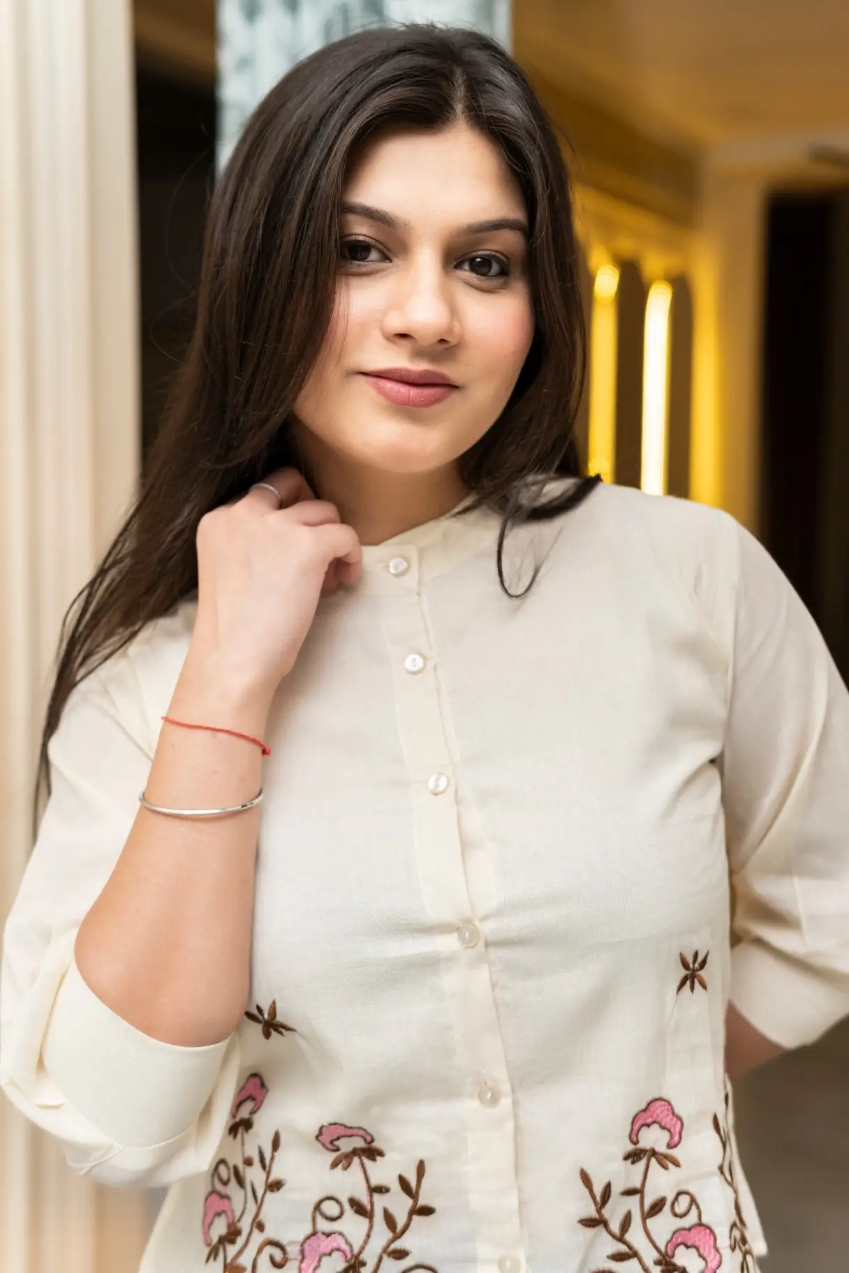 Women's Off-White Khadi Cotton Hand-Embroidered Mandarin Collar Top