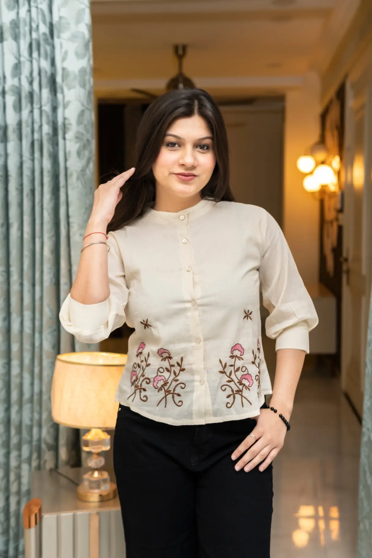 Women's Off-White Khadi Cotton Hand-Embroidered Mandarin Collar Top view 2