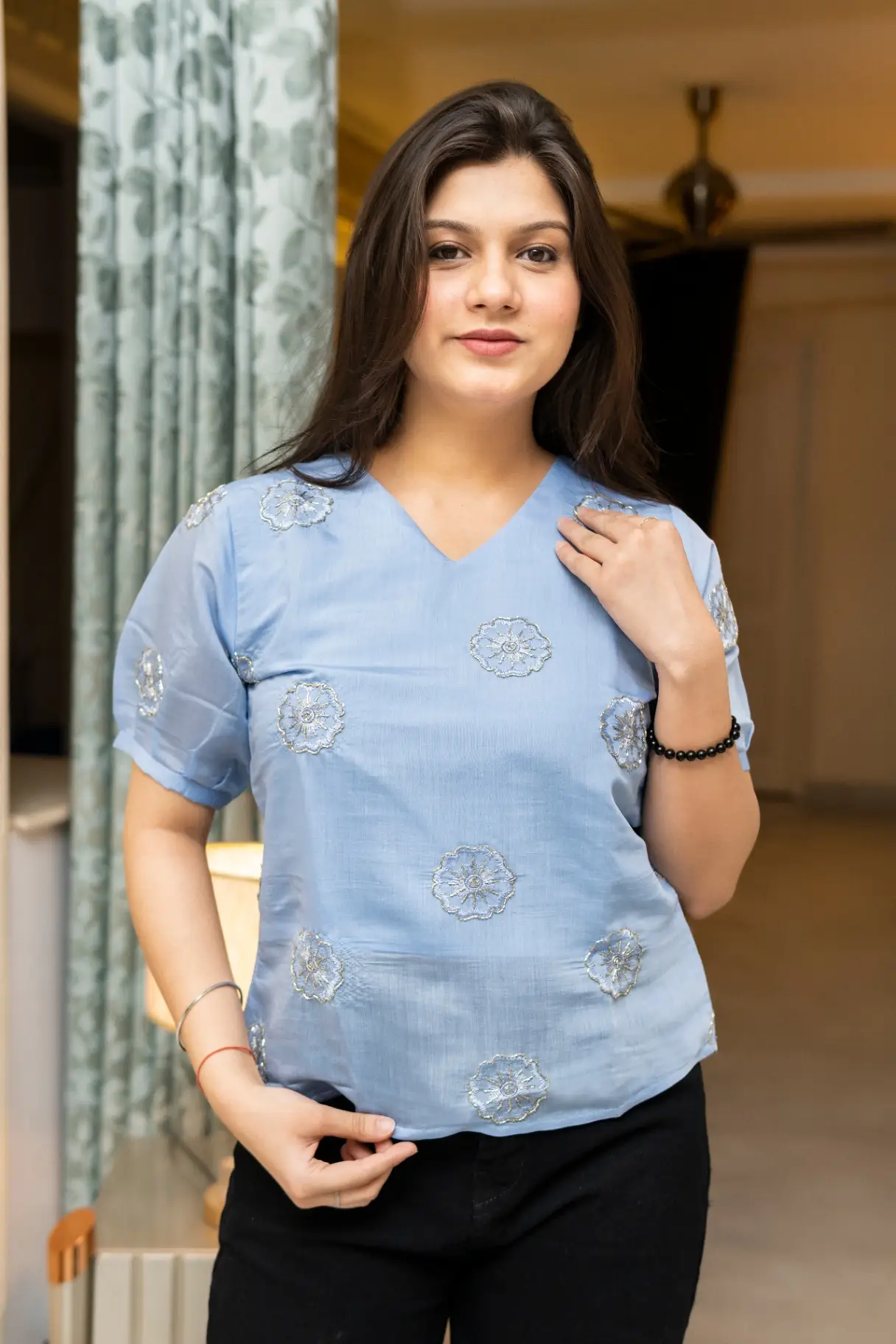 Women's Sky Blue Cotton-Blend V-Neck Top with Hand-Embroidered Floral Buttis view 2