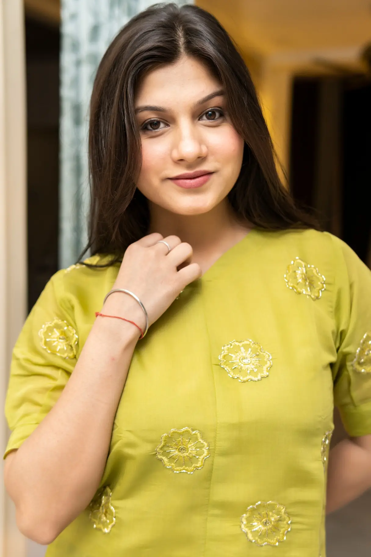 Women's Lime Green Hand-Embroidered Cotton V-Neck Top
